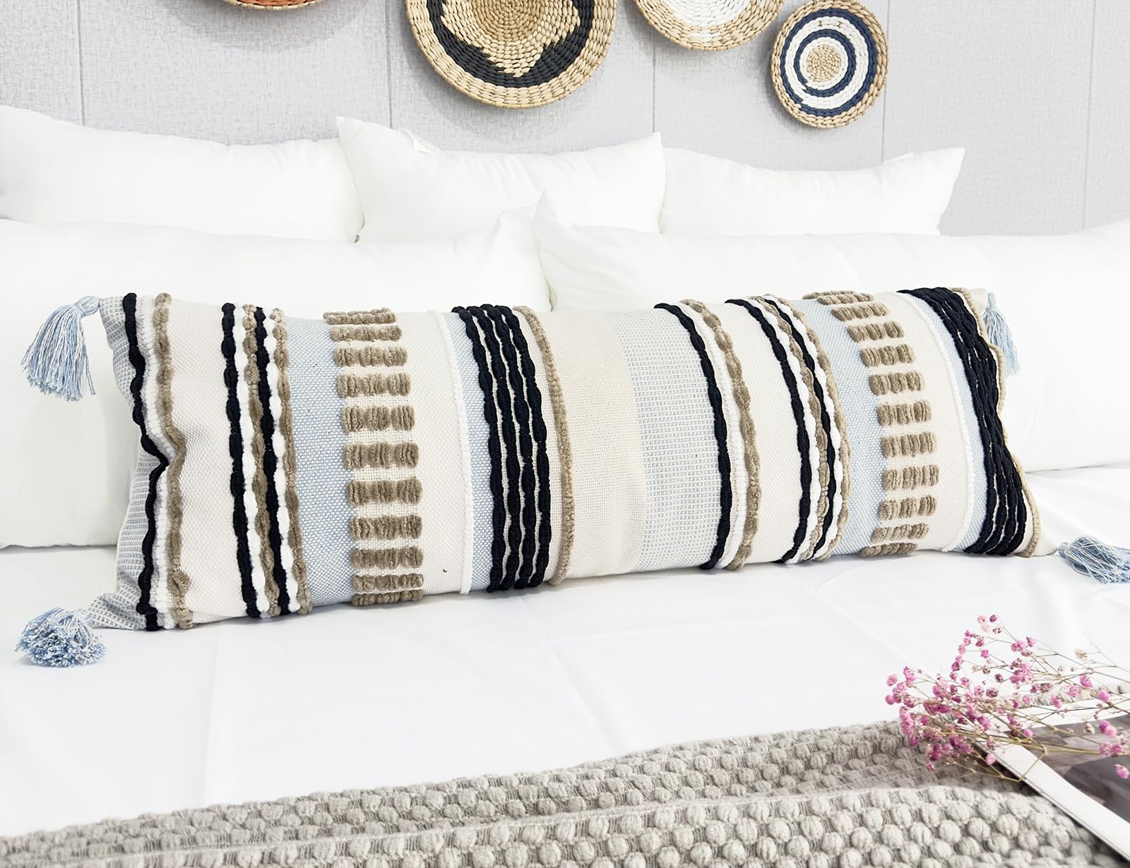 Nuyecy Chenille And Cotton Long Pillow For Bed,Striped Textured Boho Long Lumbar Throw Pillow Cover 14X36,Neutral Accent Decorat