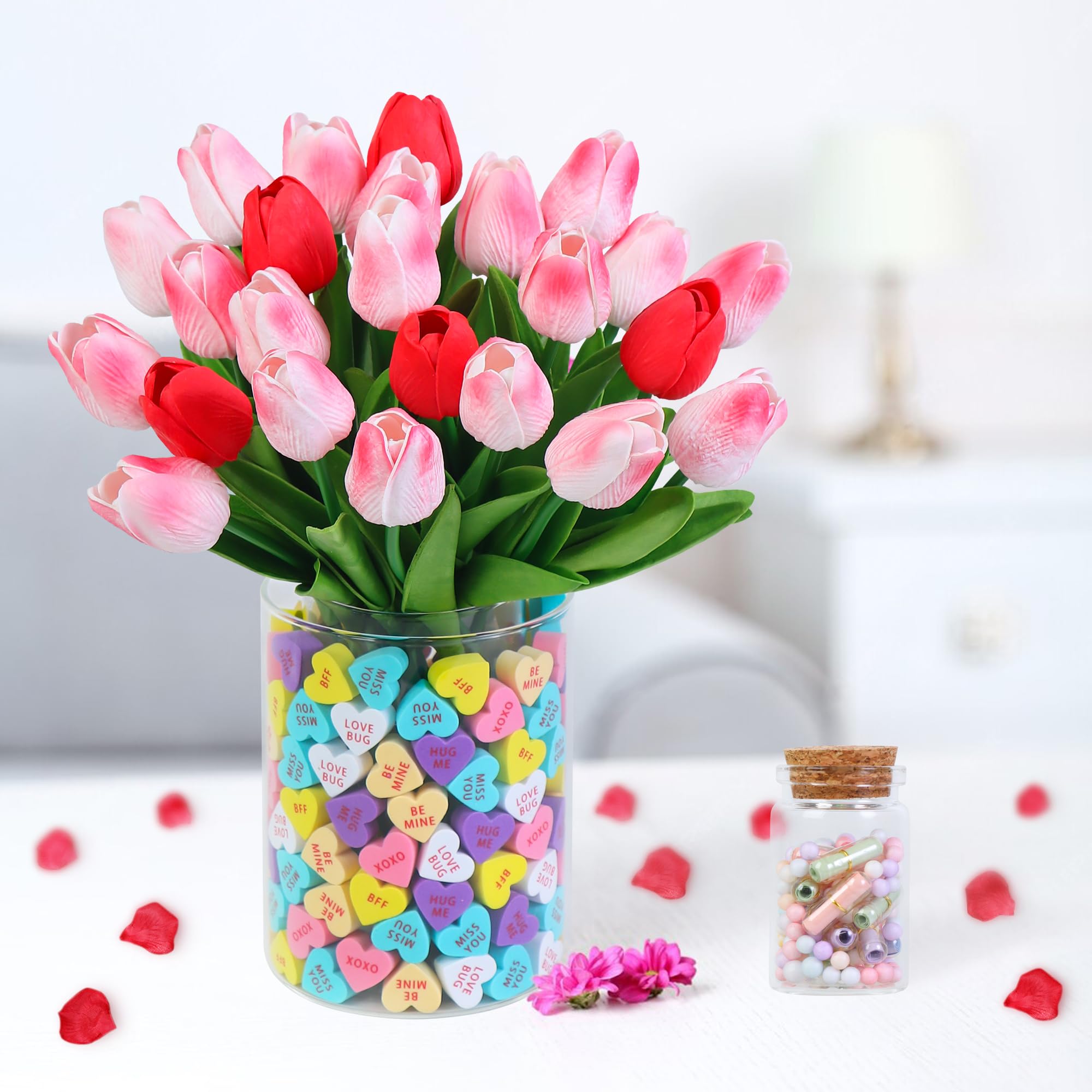 Valentines Day Decorations -210 pcs Conversation Hearts Vase Filler Set - Valentines Heart Decor - Sweet Floral Arrangement Hom