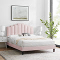 Modway Elise Channel Tufted Performance Velvet Full Platform Bed In White With Black Wood Legs, King, Pink