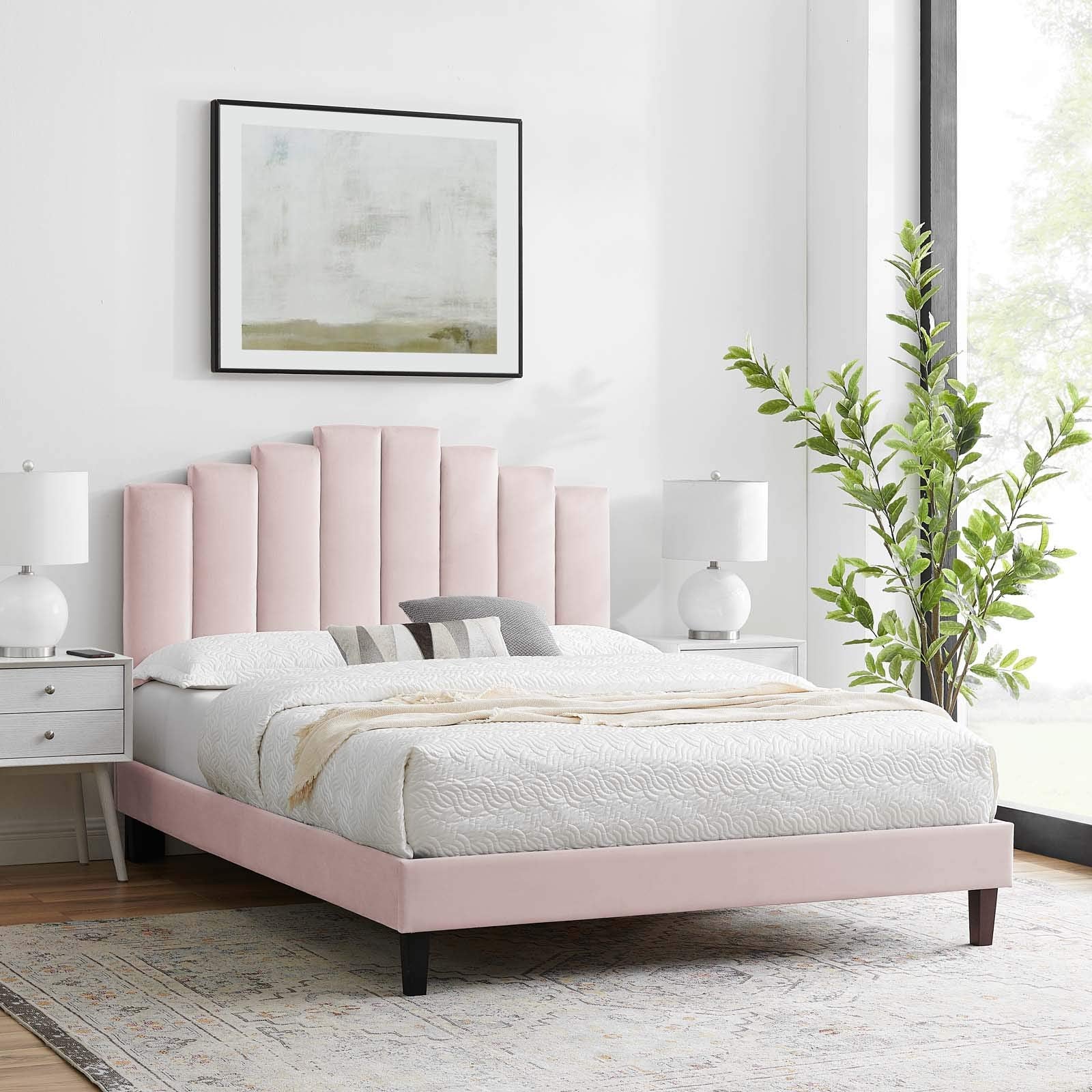 Modway Elise Channel Tufted Performance Velvet Full Platform Bed In White With Black Wood Legs, King, Pink