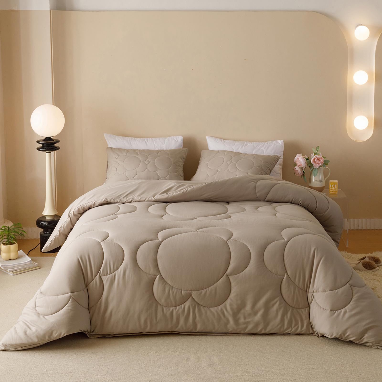 Luxlovery Mocha Sunflower Comforter Set Queen Beige Khaki Bedding Set Queen Size Boho Farmhouse Blanket Quilts Floral Elegant So