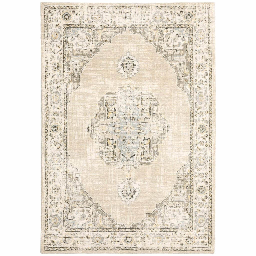 HomeRoots Nylon, Polypropylene 3'x12' Beige and Ivory Center Jewel Runner Rug