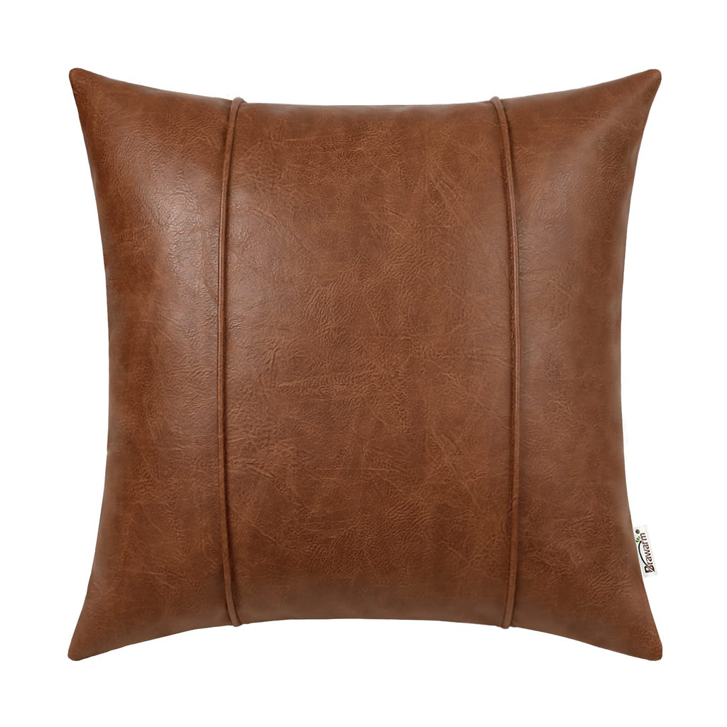 BRAWARM Brown Leather Throw Pillow Covers 22 X 22 Inches - Faux Leather Pillow Cover with Piping, Hand Stitched Leather Throw Pi