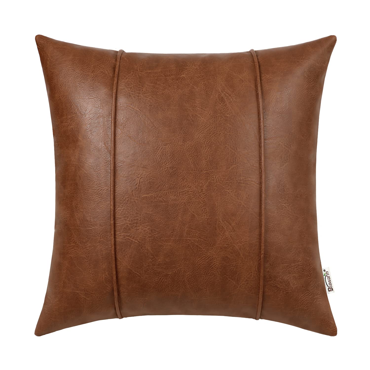 BRAWARM Brown Leather Throw Pillow Covers 22 X 22 Inches - Faux Leather Pillow Cover with Piping, Hand Stitched Leather Throw Pi
