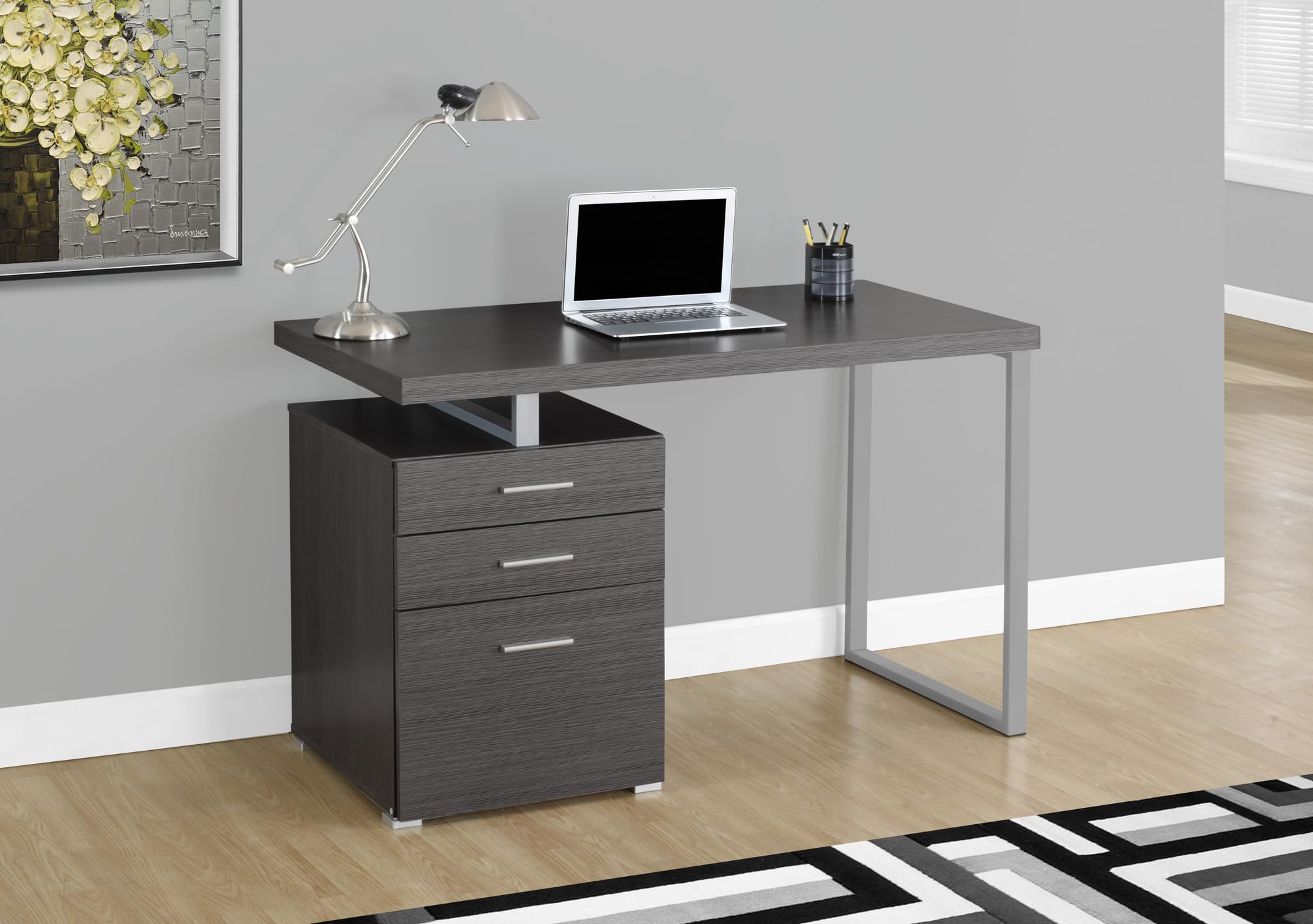 Monarch Specialties Left Or Right Facing 47-Inch Modern Home Office Computer Study Writing Desk With Filing Drawer, 48&quot;L, Grey & Silver
