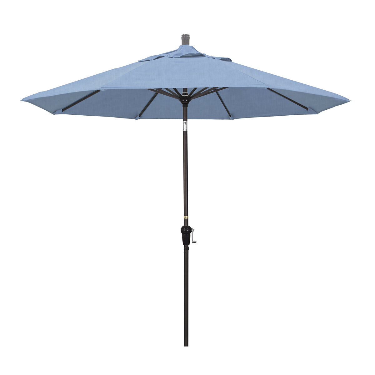 California Umbrella 9' Round Aluminum Market Umbrella, Crank Lift, Auto Tilt, Bronze Pole, Sunbrella Air Blue