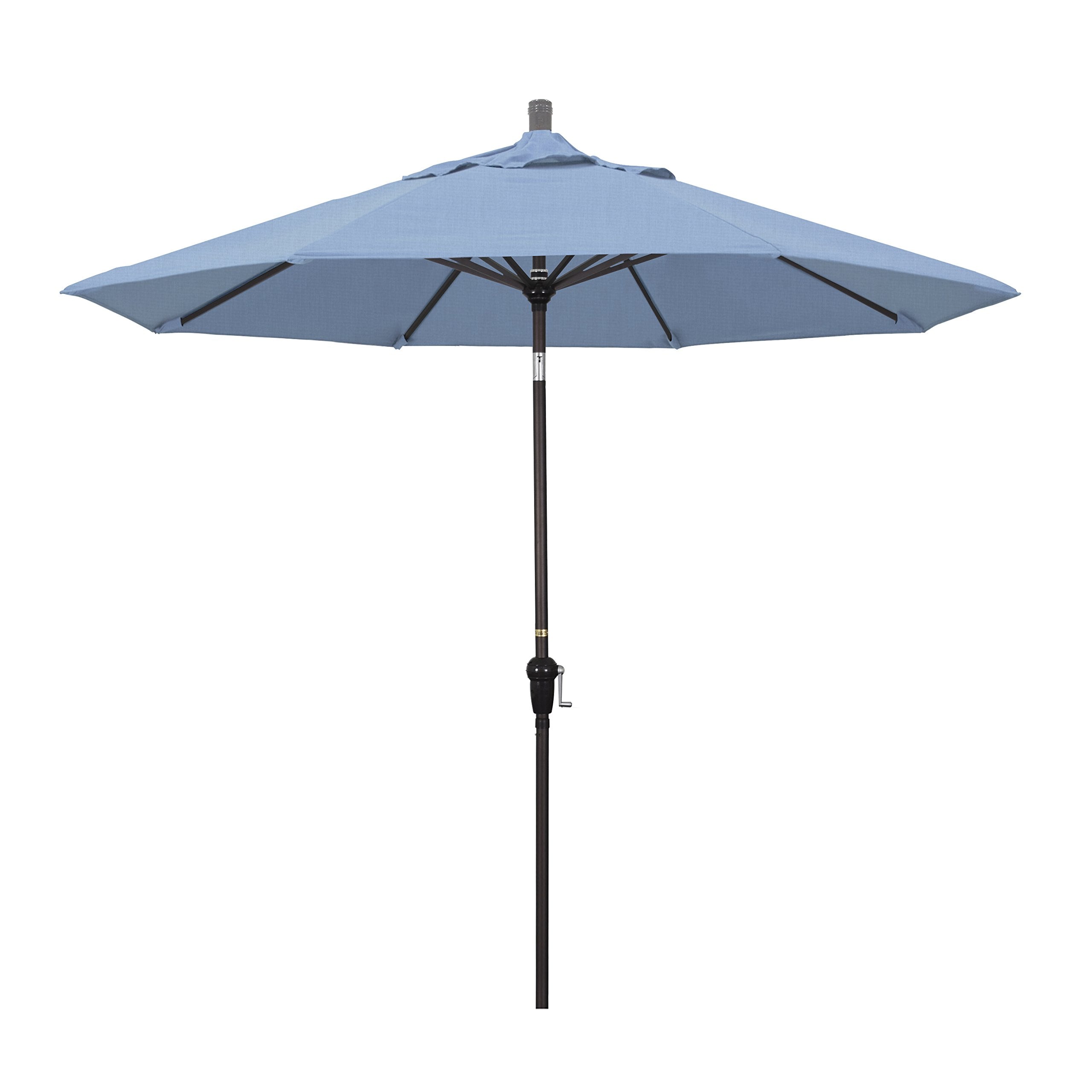 California Umbrella 9' Round Aluminum Market Umbrella, Crank Lift, Auto Tilt, Bronze Pole, Sunbrella Air Blue