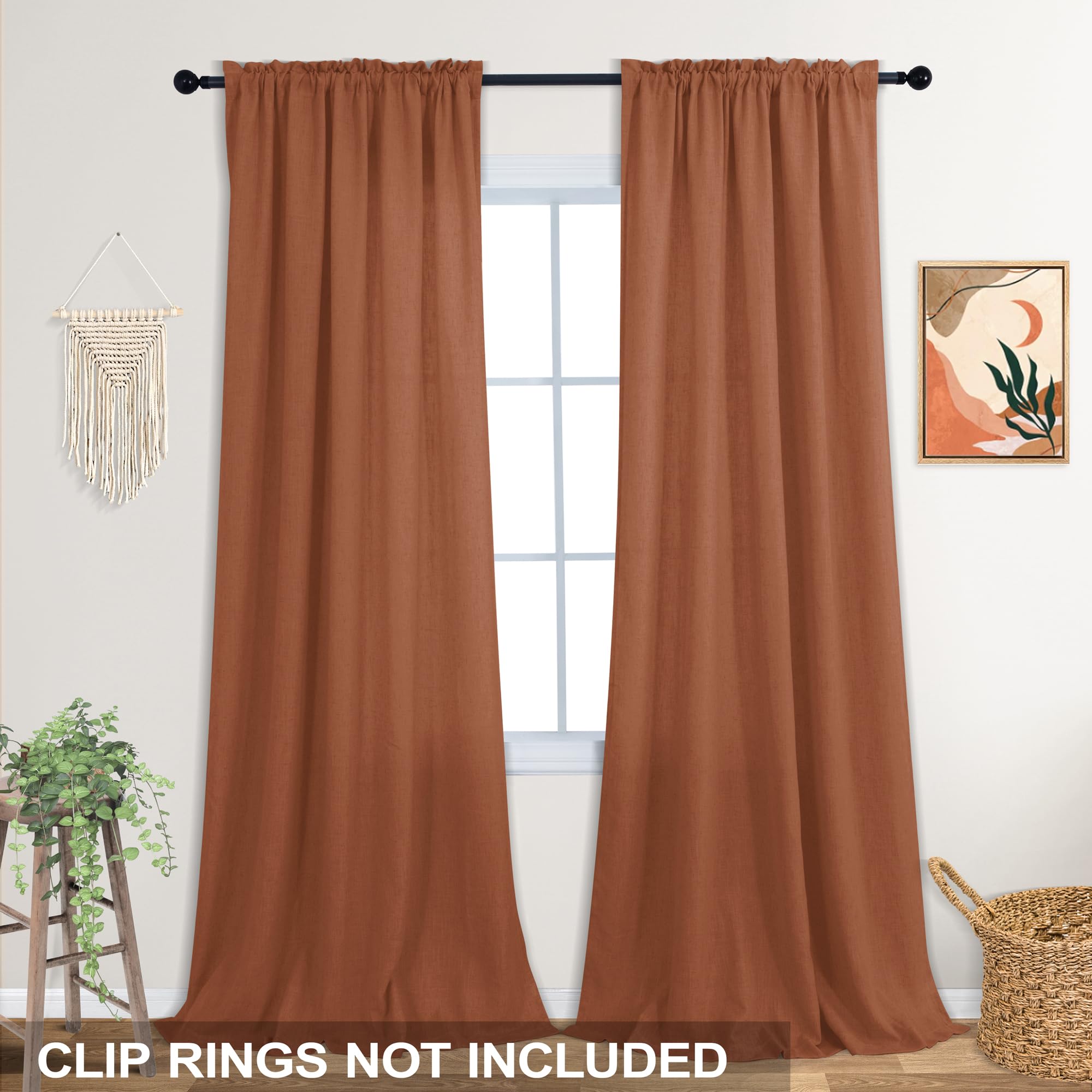 Koufall Boho Curtains 90 Inches Long,Farm House Semi Sheer Linen Terra Cotta Mexican Curtains For Living Room Bedroom 2 Panels Set,Rust Terracotta