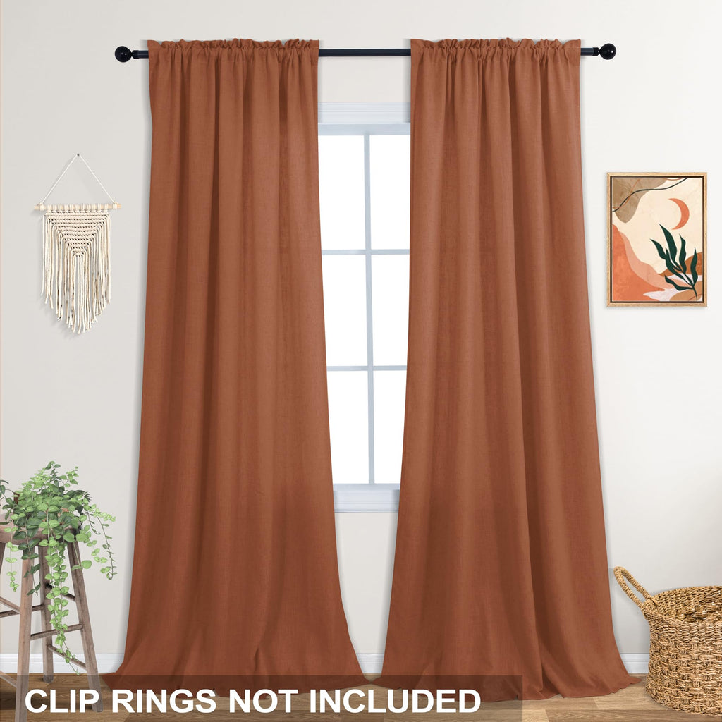 Koufall Boho Curtains 90 Inches Long,Farm House Semi Sheer Linen Terra Cotta Mexican Curtains For Living Room Bedroom 2 Panels Set,Rust Terracotta