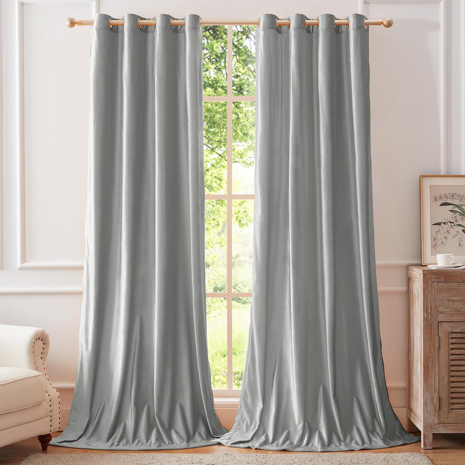 Bulbul Velvet Curtains 84 Inch Length For Living Room Modern Light Grey Window Drapes Darkening Grommet Curtains For Bedroom 2 P