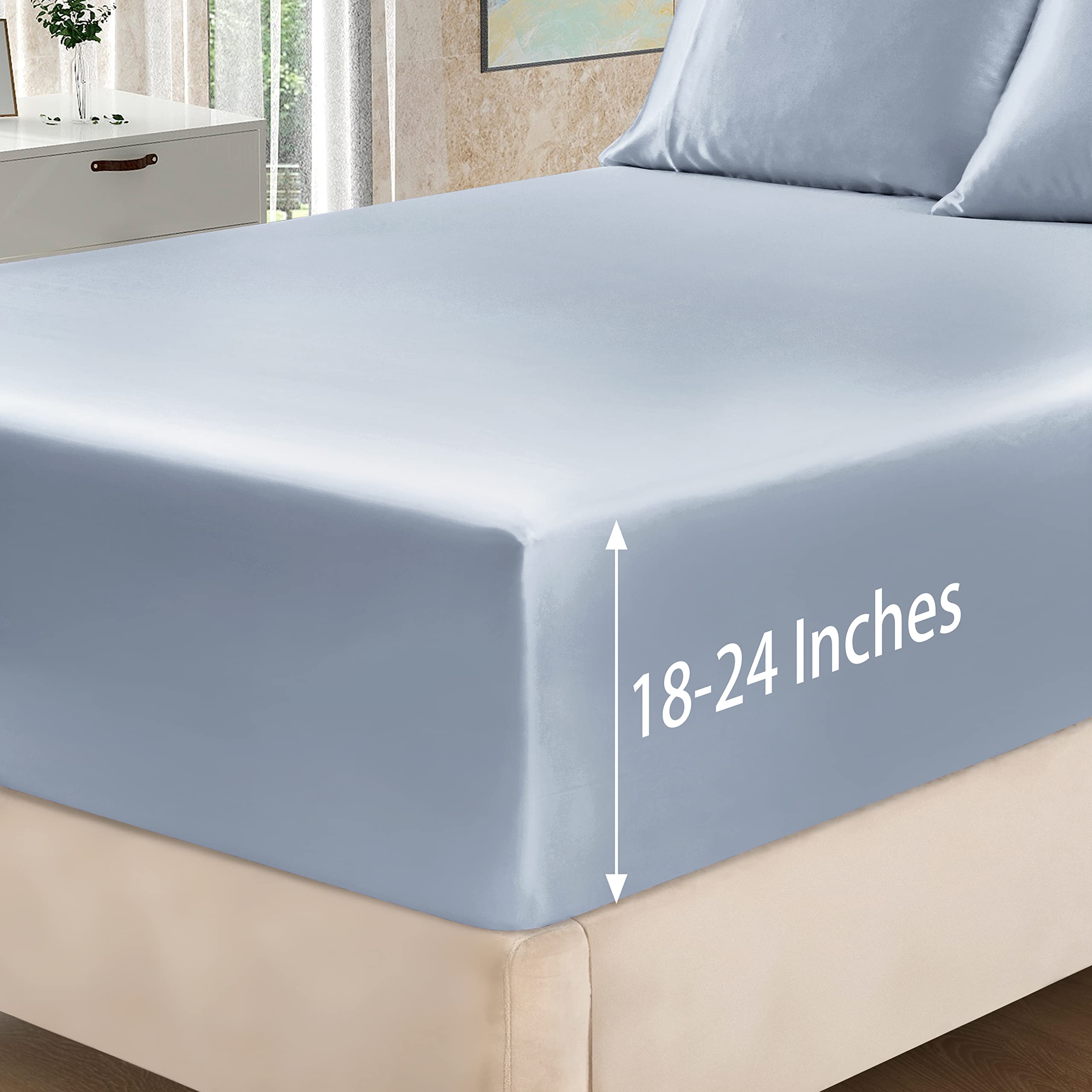 Homiest 4Pcs Extra Deep Pocket Satin Sheets Full Size Bed Set, 18-24 Inch Deep Pocket Bed Sheets Baby Blue Satin Sheet Set, Silky Satin Bedding Set Luxury Fitted Sheet Set Fits Ultra Deep Mattress