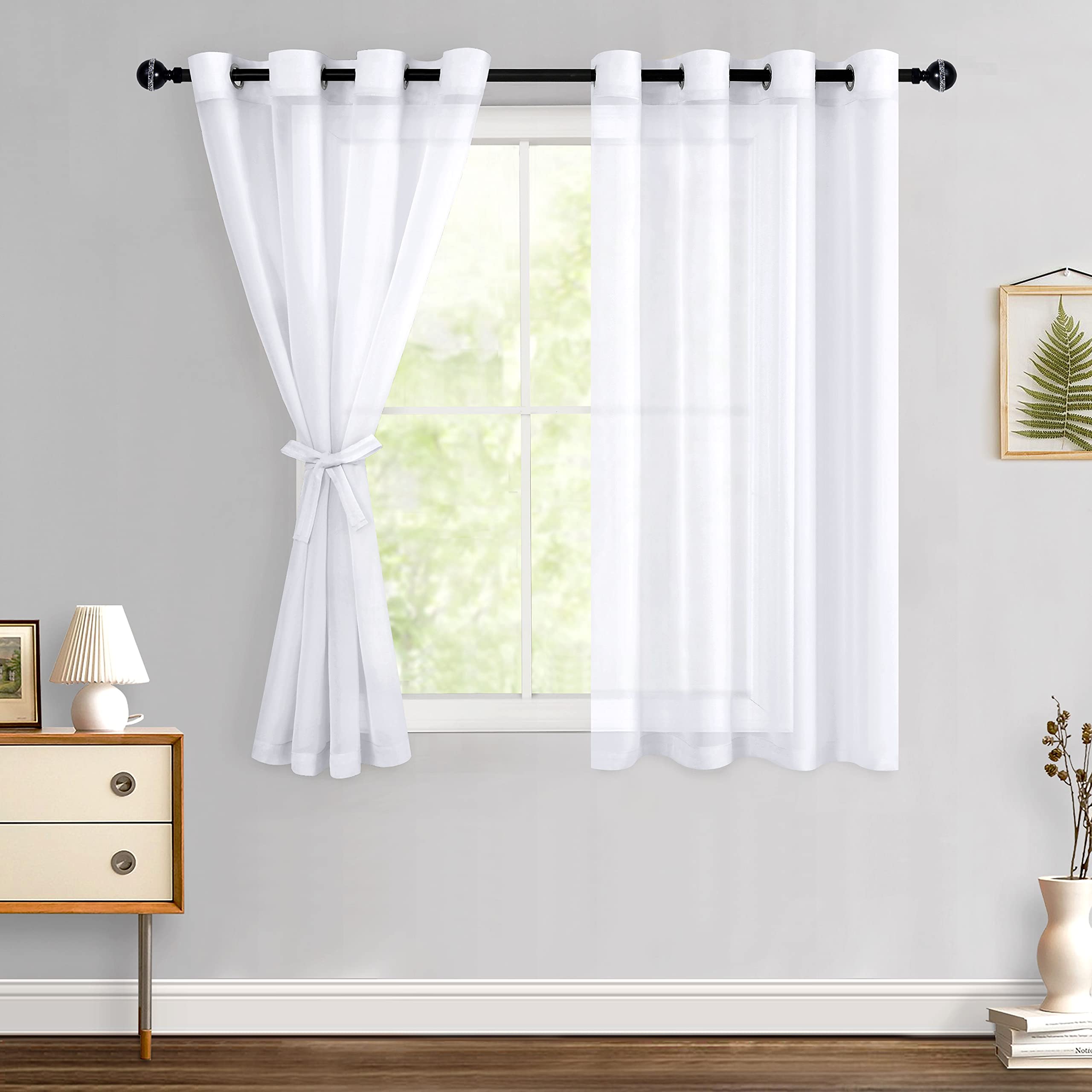 Hiasan White Sheer Curtains 54 Inch Length With Tiebacks, Grommet Light Filtering Semi Transparent Voile Drapes Grommet Window Curtains For Living Room, Bedroom, W52 X L54, Set Of 2 Panels