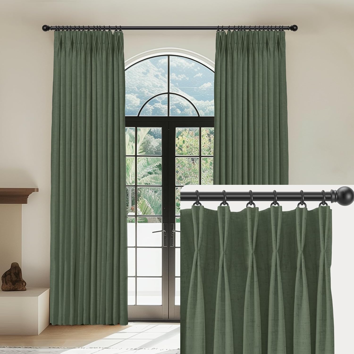 Capaloca Sage Green Linen Pinch Pleated Curtains Blackout 100% Black Out Curtains 86 Inches Long 2 Panels Pinch Pleat Curtains W