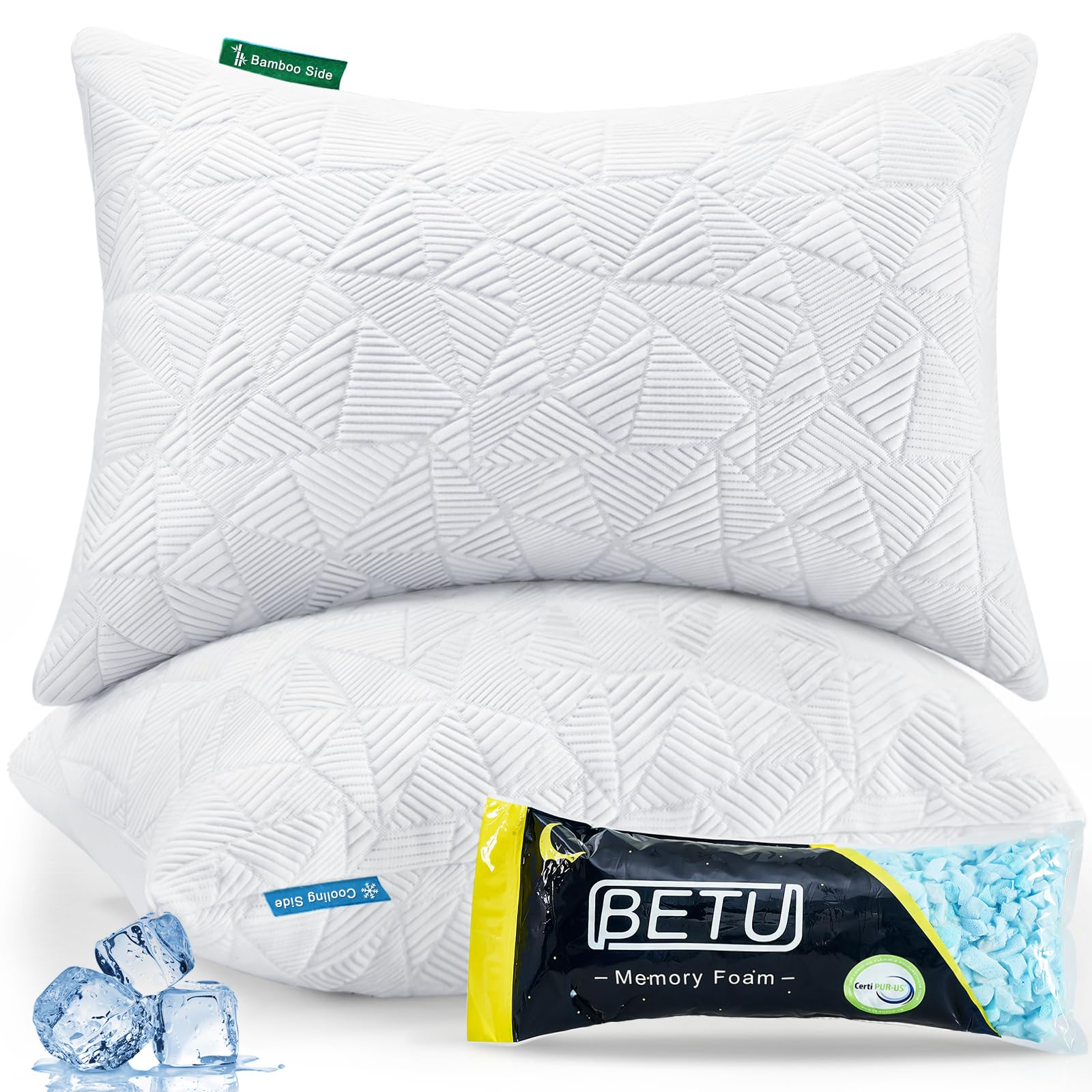 Cooling Pillows Standard Size Set Of 2, Betu Shredded Memory Foam Cool Pillows For Hot Sleepers, Adjustable Firm Soft Support Be