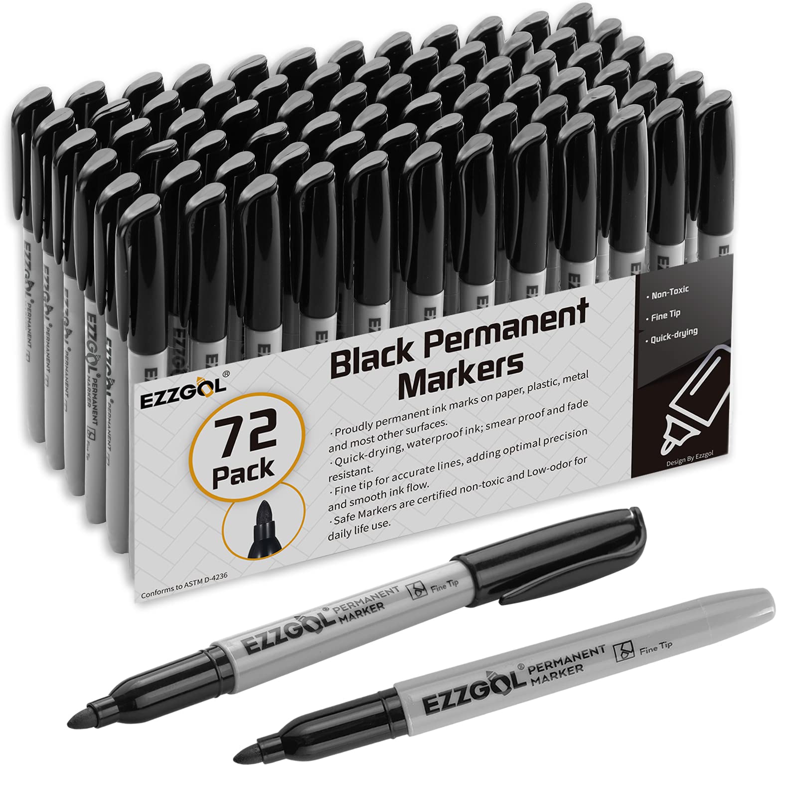 Ezzgol Permanent Markers Bulk, 72 Pack Black Permanent Marker Set, Fine Tip, Waterproof Markers, Premium Smear Proof Pens, Water