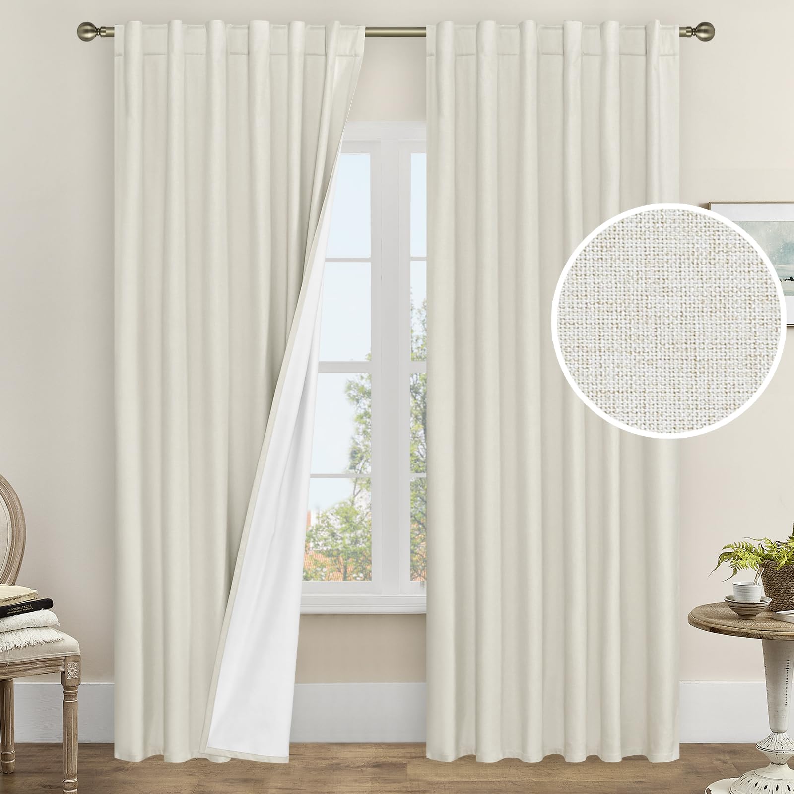 LAMIT 100% Blackout Curtains for Bedroom, 90 Inch Linen Textured Thermal Insulated Living Room Curtains Back Tab and Rod Pocket 