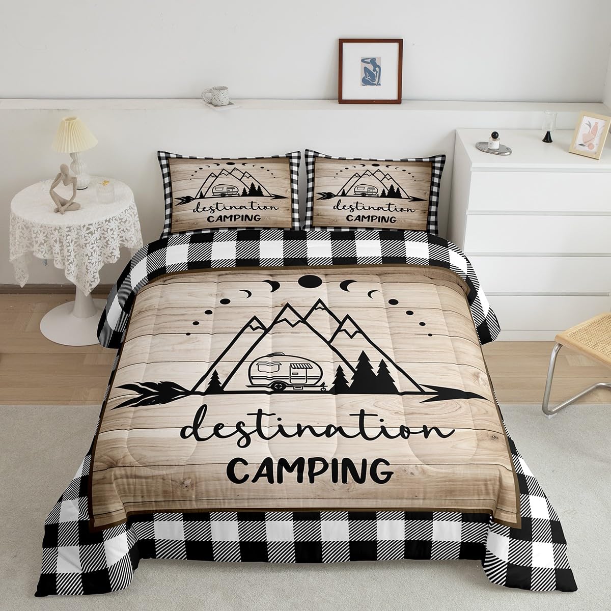 Camping Travel Comforter Set Queen,Camper Car Bedding Set 3Pcs For Kids Youths Adults Rv Trailer Decor,Geometric Plaid Sun Moon
