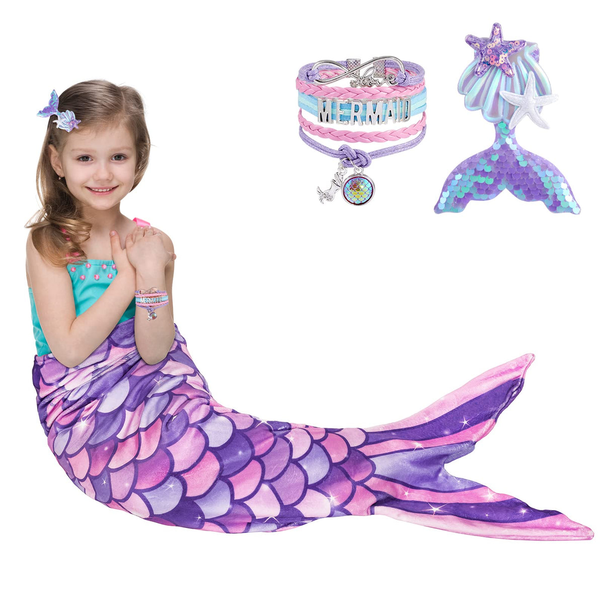 Wernnsai Mermaid Tail Blanket - Wearable Mermaid Soft Blanket With Hairpin Bracelet Soft Purple Flannel Snuggle Blanket Gift For