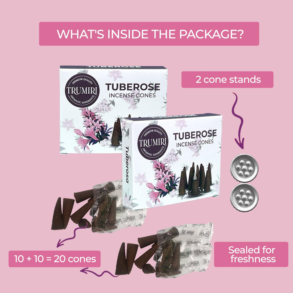 Tuberose Incense Cones - Total 20 Cone Incense - Dual Pack Of 10 Insence Cones - Incense Cones Scented - Cone Incense Scents - I
