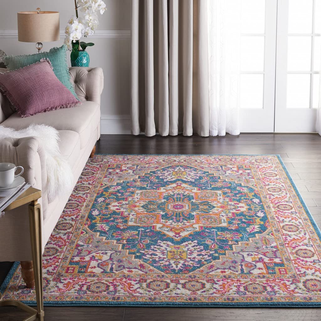 HomeRoots Teal Multicolor 100% Polypropylene 5’ x 7’ Teal and Pink Medallion Area Rug