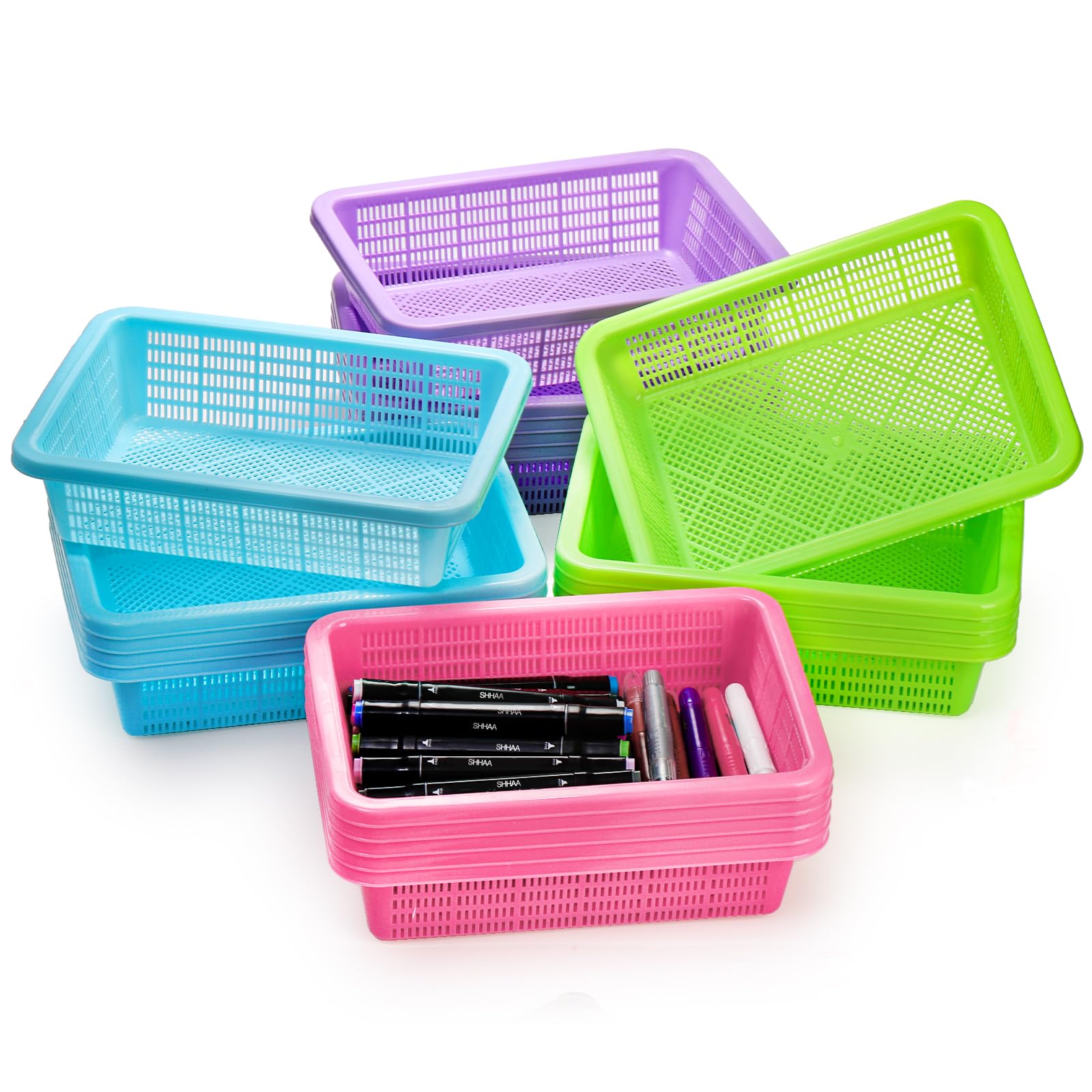 Hacaroa 20 Pack Colorful Plastic Storage Basket, 10.6X7.7X2.8 Inch Classroom Storage Bins Desktop Paper Organizer Tray, Stackabl