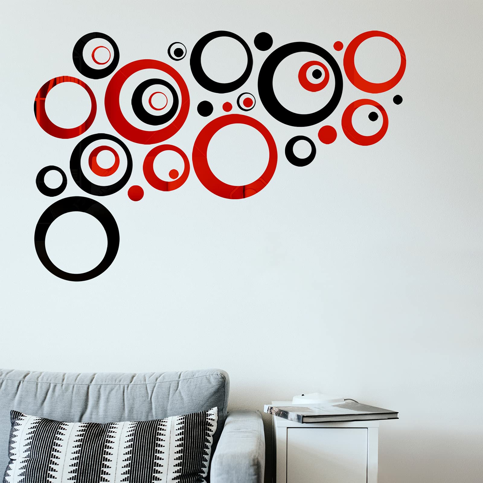 32 Pieces Removable Circle Wall Mirror Sticker Round Decal Acrylic Setting for Home Living Room Bedroom Decor, 1.5-13.5 cm(Red a