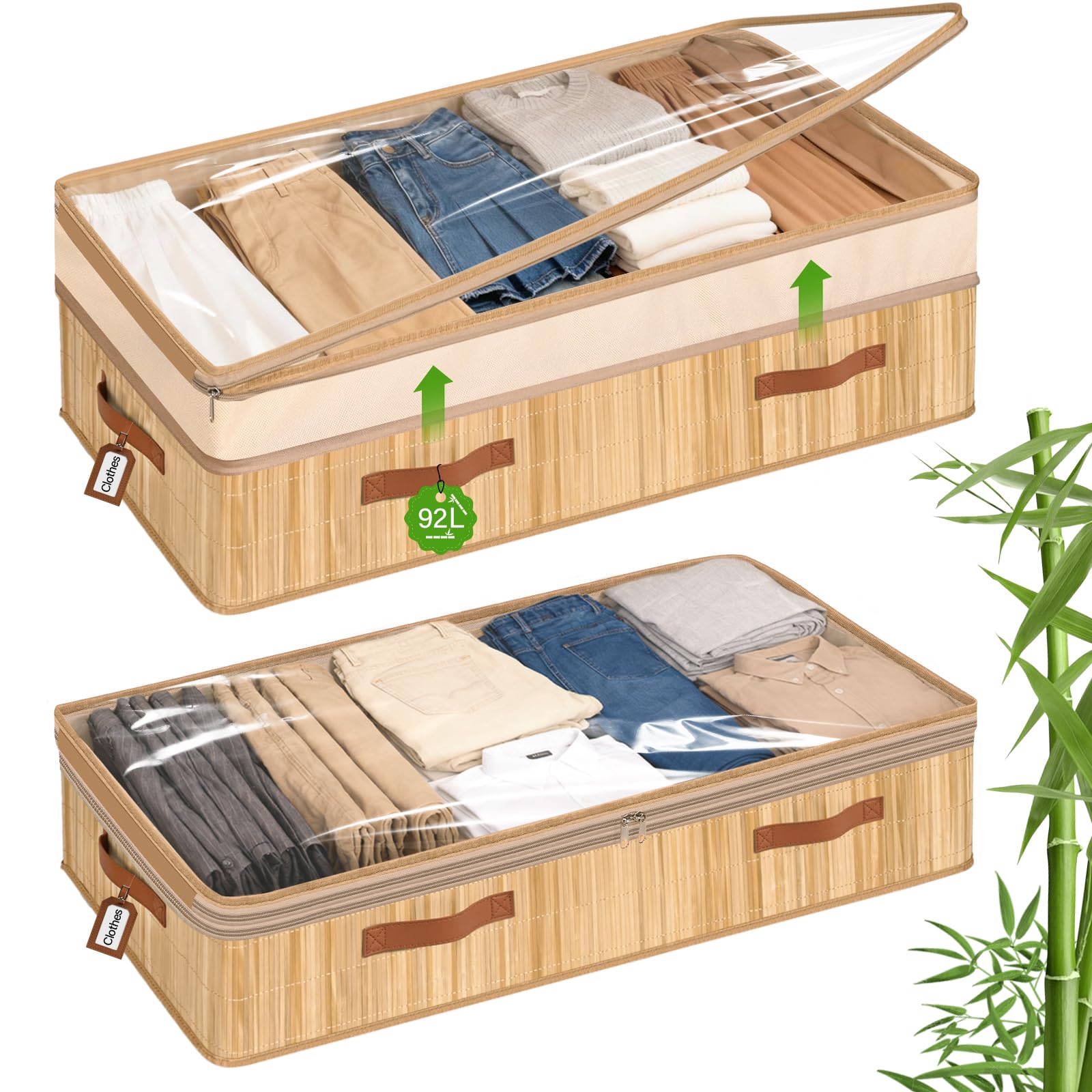 Livole 2 Pack Bamboo Under Bed Storage, 6-10 inches Height Adjustable Underbed Storage Containers, 92L XXXL Large Under Bed Stor