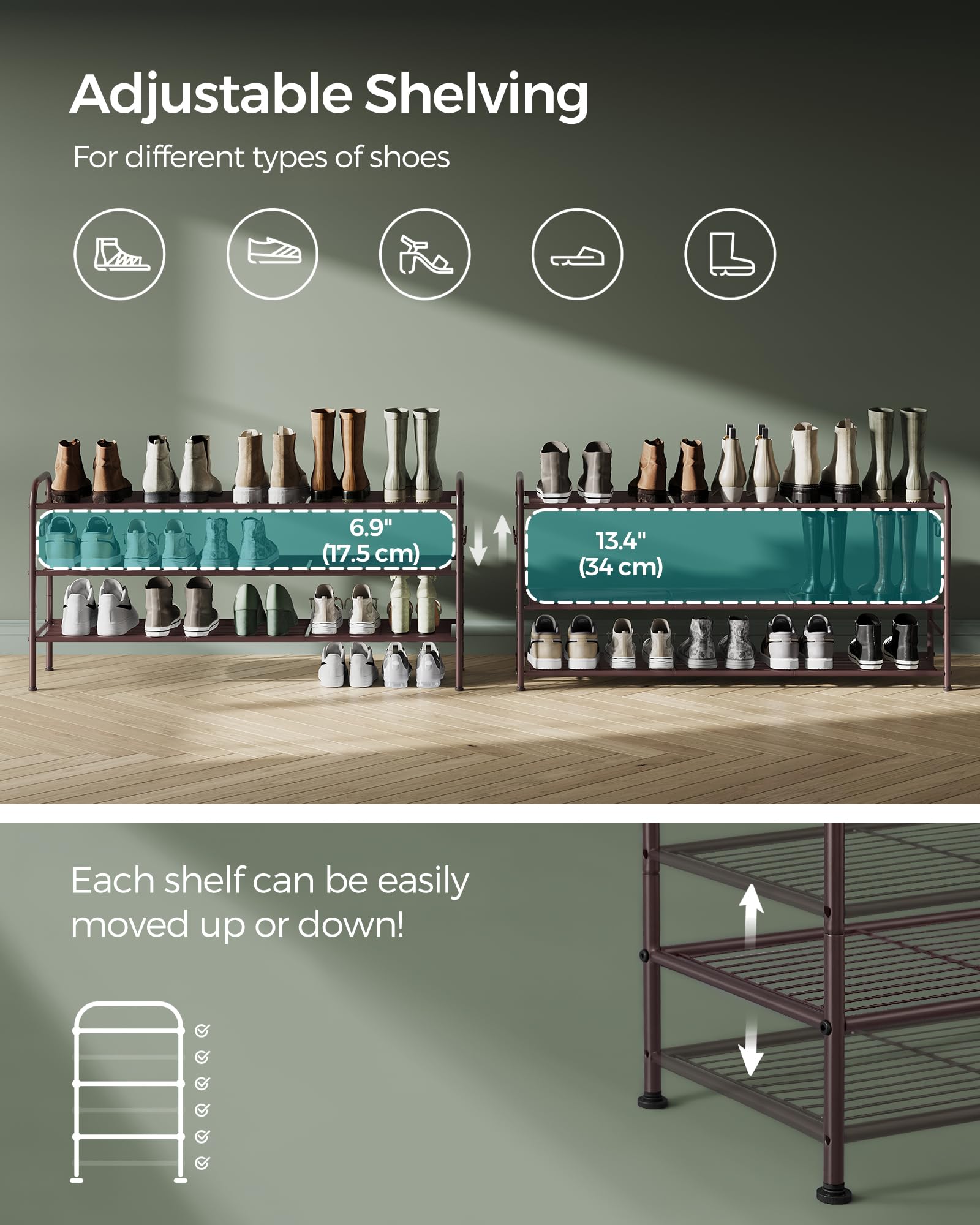 Songmics Shoe Rack, 3-Tier Shoe Organizer, Metal Shoe Shelf Storage With 4 Side Hooks, Holds 18 Pairs Of Shoes, Height-Adjustable Shoe Rack For Entryway, Hallway, Closet, Easy Assembly, Chestnut Brown