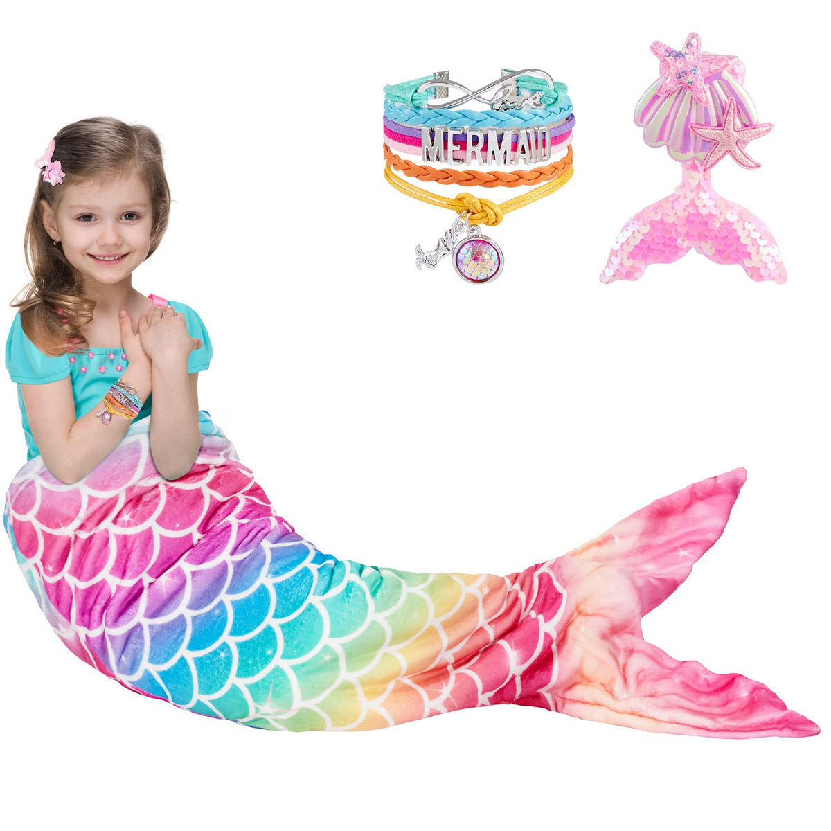 Wernnsai Mermaid Tail Blanket - Wearable Mermaid Soft Blanket With Hairpin And Bracelet For Girls Kids Rainbow Soft Flannel Snug