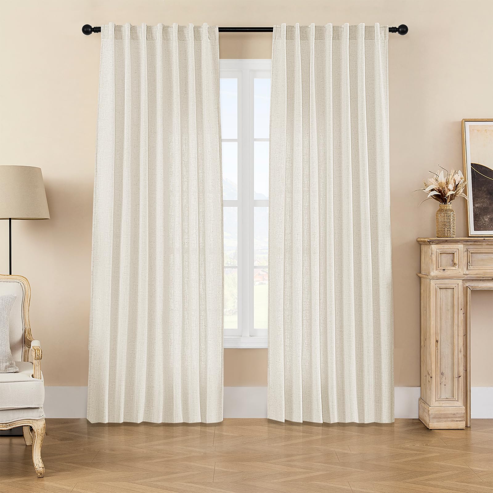 Joydeco Linen Curtains For Living Room,Light Filtering Rod Pocket Back Tab Semi Sheer Drapes Window Long Curtains 90 Inches Long
