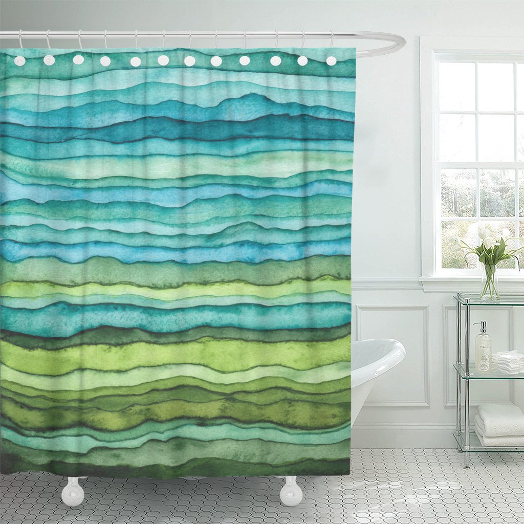 Emvency Shower Curtain Abstract Bright Blue and Green Waves Stripped Watercolor Brush Drawn Waterproof Polyester Fabric 72 x 72 