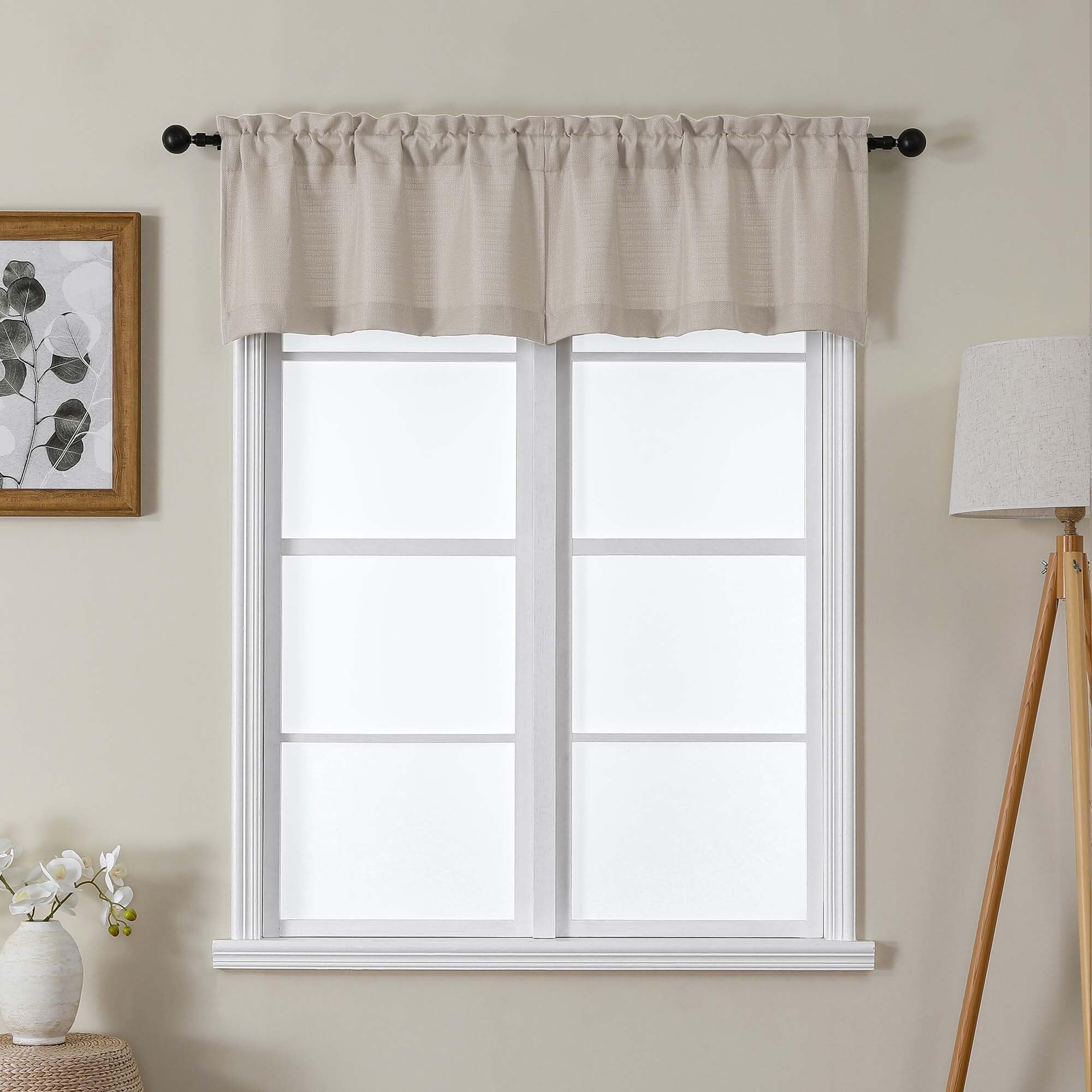 Lecloud Bessie Khaki Valances for Windows 14 Inch Length 2 Pcs, Faux Linen Textured Cafe Kitchen Curtains, Rod Pocket Short Curt