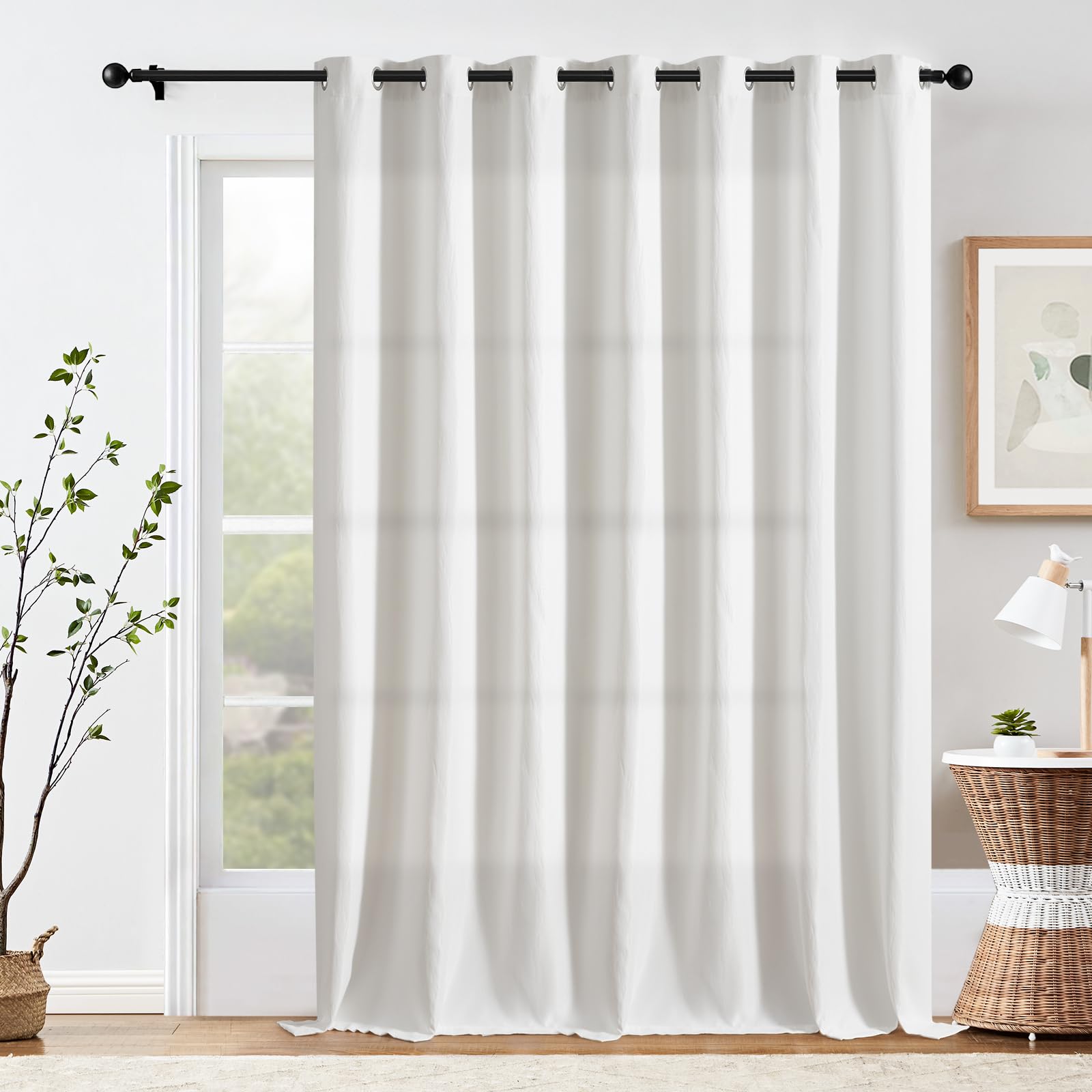 Jinchan Linen Textured Curtain 96 Inch Length For Living Room Darkening White Bedroom Curtain Extra Wide For Room Divider Curtain Thermal Insulated Grommet Top 1 Panel Window Curtain Drape White