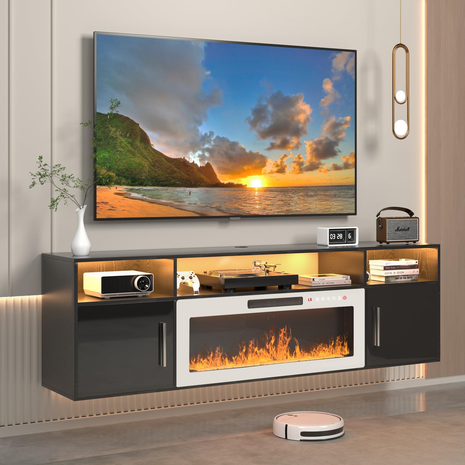 VENDORZ Floating TV Stand with Fireplace, 70  Floating Entertainment Center with White Fireplace, Wall Mounted Electric Fireplac