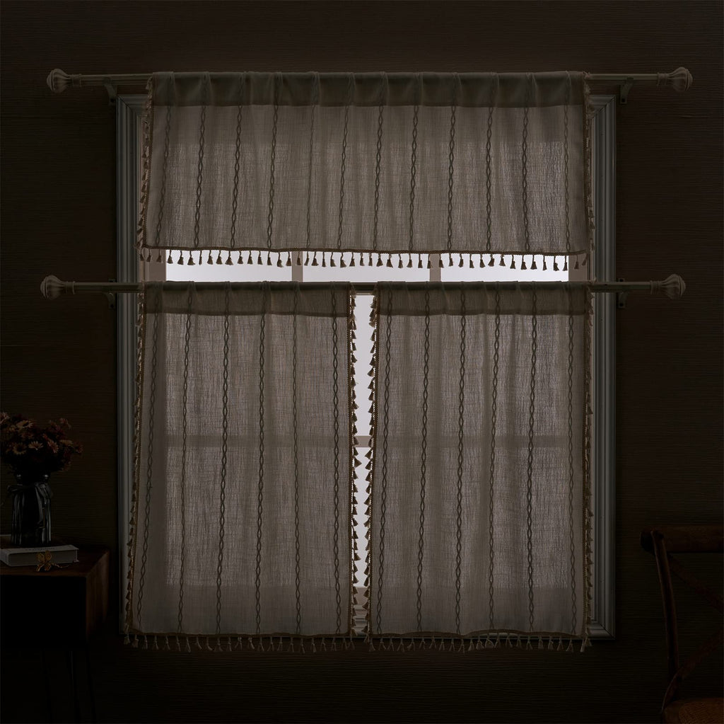 Roomtalks White Boho Kitchen Valances For Windows Rod Pocket 18?L X 52?W Embroidered French Striped Modern Farmhouse Chic Textured Tassel Curtain Valances For Bathroom Living Room Bohemian Decor