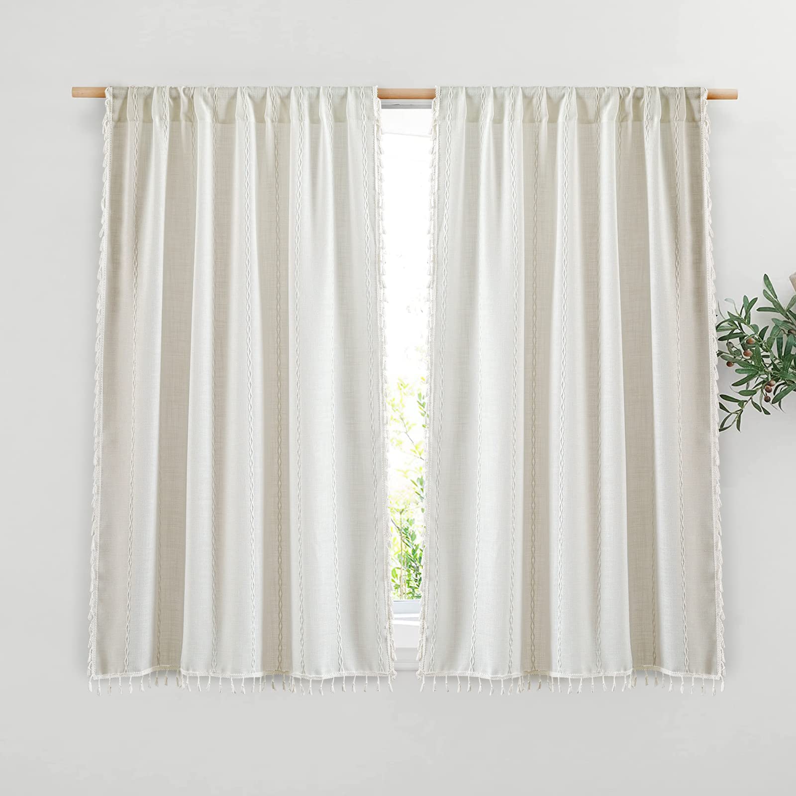 Roomtalks White Boho Farmhouse Kitchen Curtains 54 Inch Length French Striped Modern Vintage Chic Textured Tassel Charcoal Short