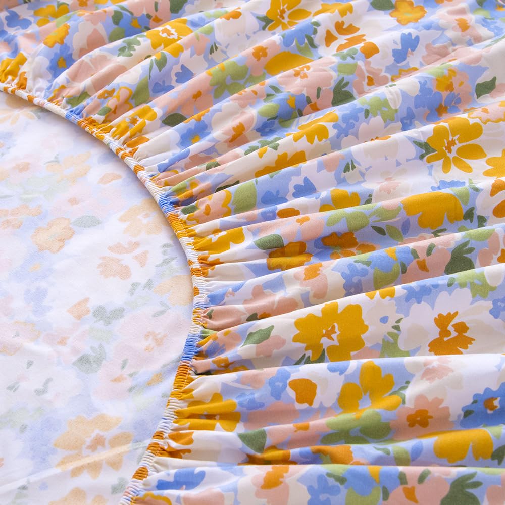 Naturety Bedding Fitted Sheet With Deep Pocket,Colorful Flower Printed Fabric Bed Sheets (Colorful Garden, Full)
