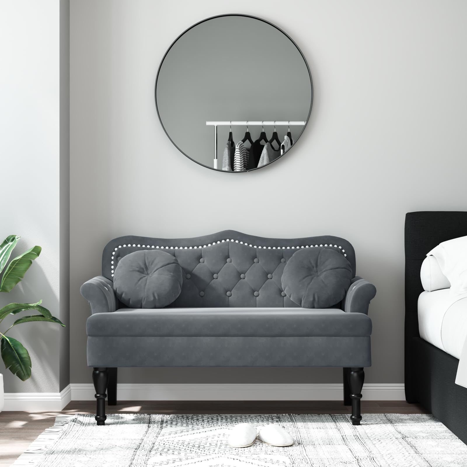 vidaXL 47" W Small Loveseat with Round Pillows, Velvet Chesterfield Sofa with Button Tufting & Rolled Armrests for Small Spaces, 2 Seater Couch for Living Room & Bedroom, Dark Gray