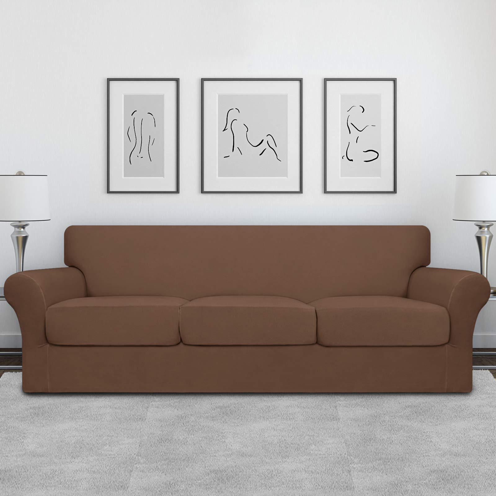 Easy-Going 4 Pieces Oversized Stretch Soft Couch Cover For Dogs - Washable Sofa Slipcover For 3 Separate Cushion Couch - Elastic Furniture Protector For Pets, Kids Brown