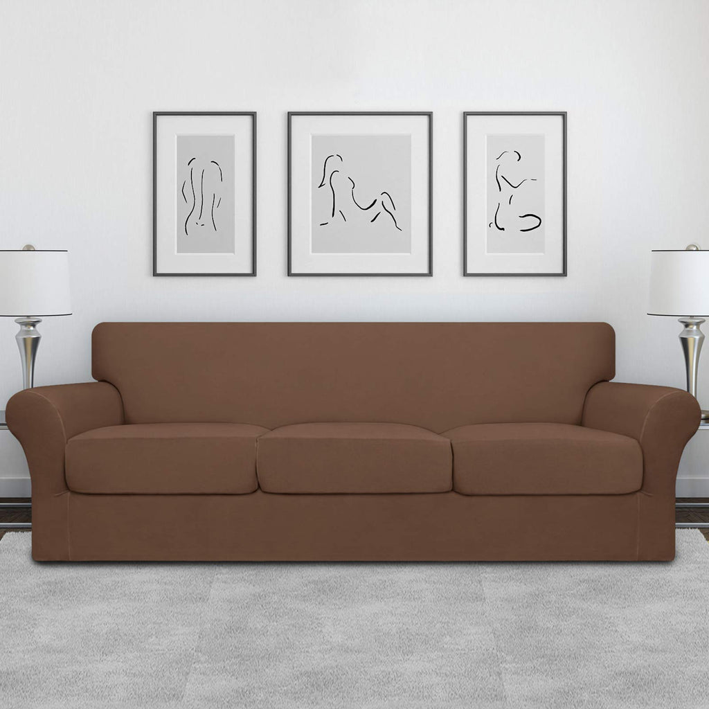 Easy-Going 4 Pieces Oversized Stretch Soft Couch Cover For Dogs - Washable Sofa Slipcover For 3 Separate Cushion Couch - Elastic Furniture Protector For Pets, Kids Brown