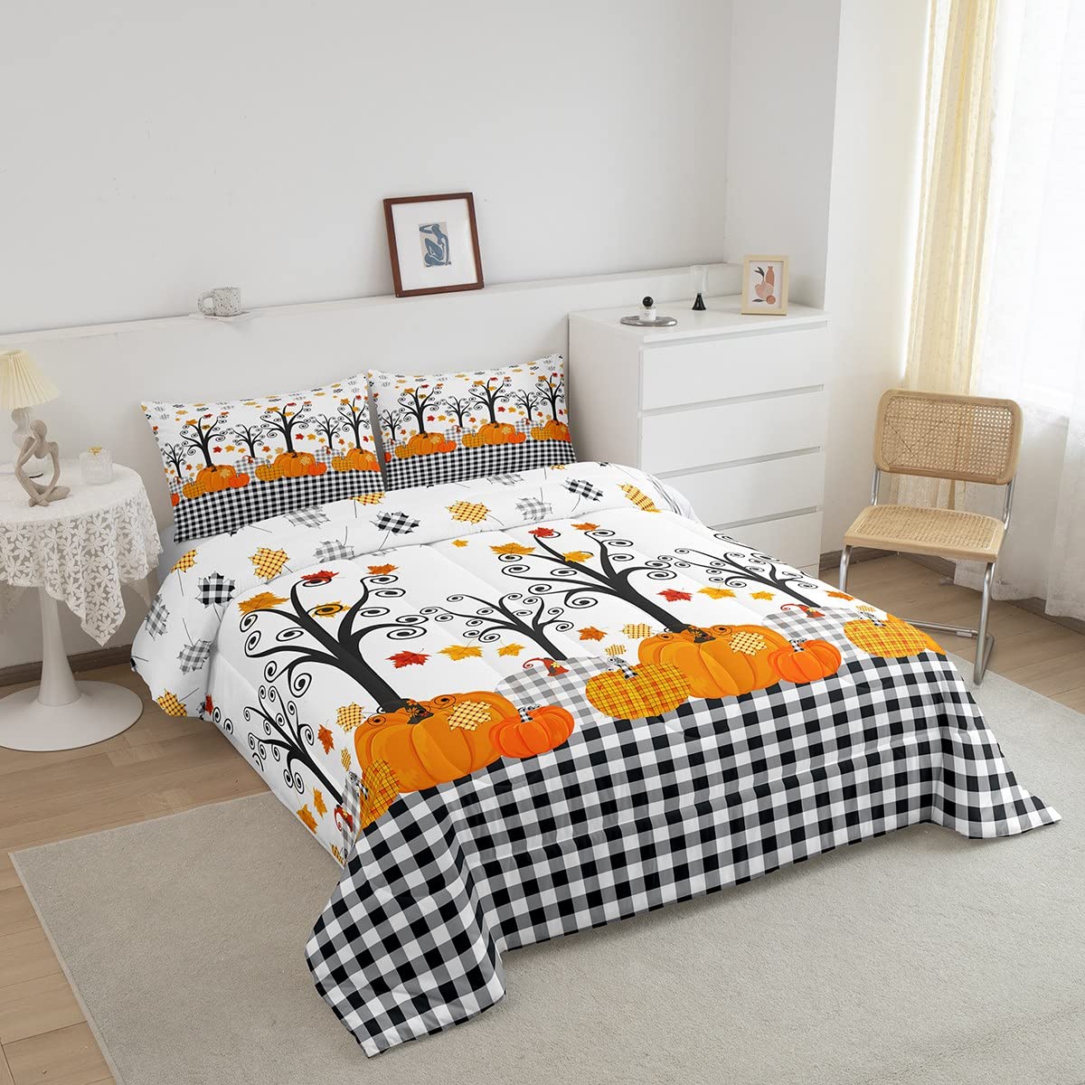 Fall Pumpkin Comforter Set Full Size,Kids Girls Home/Cottage Decor,Black White Plaid Halloween Bedding Set,Maple Trees Autumn Ha