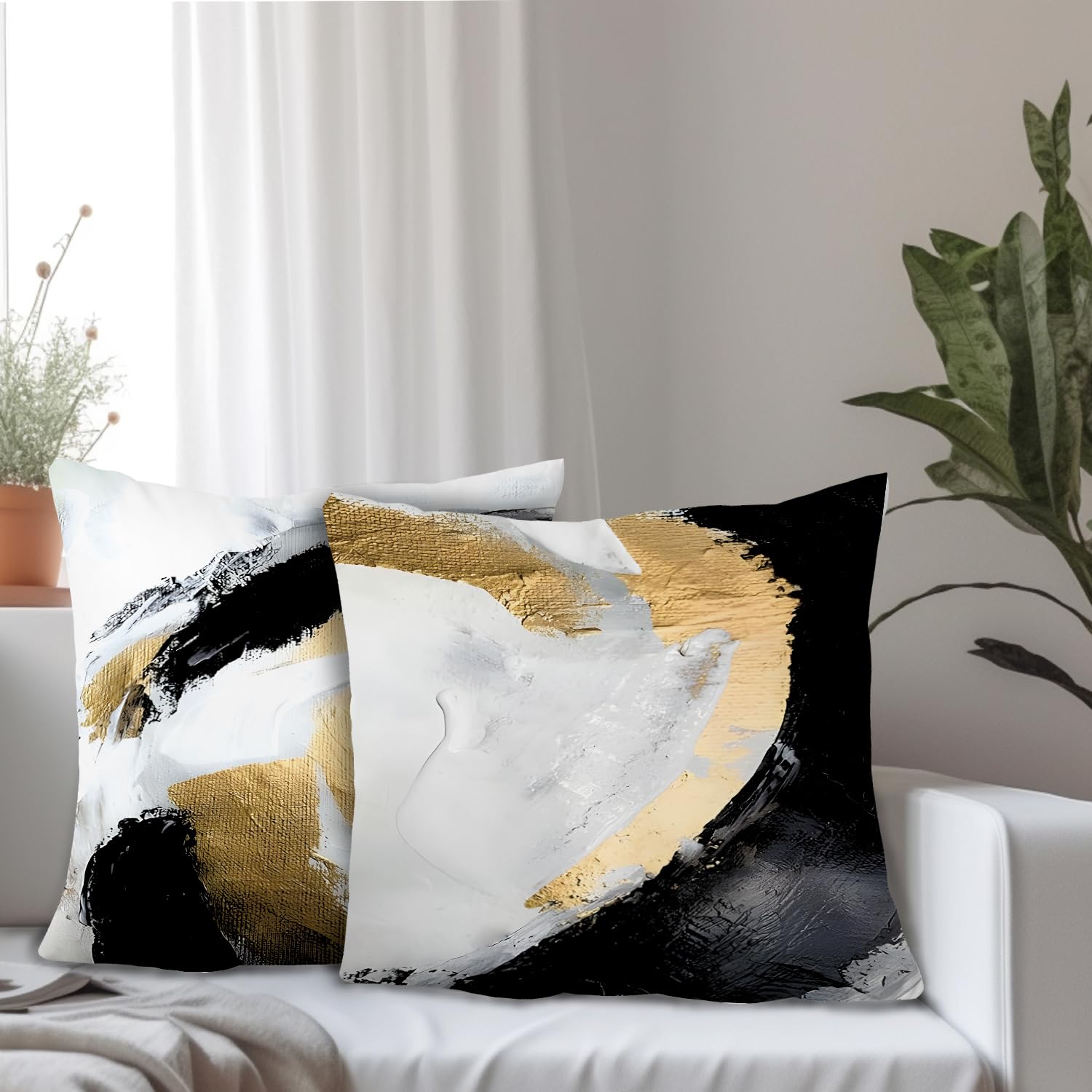 Supwhd Abstract Black White And Gold Pillow Covers 16X16 Set Of 2 - Modern Pillow Covers, Modern Home Decor, Black And Gold Deco