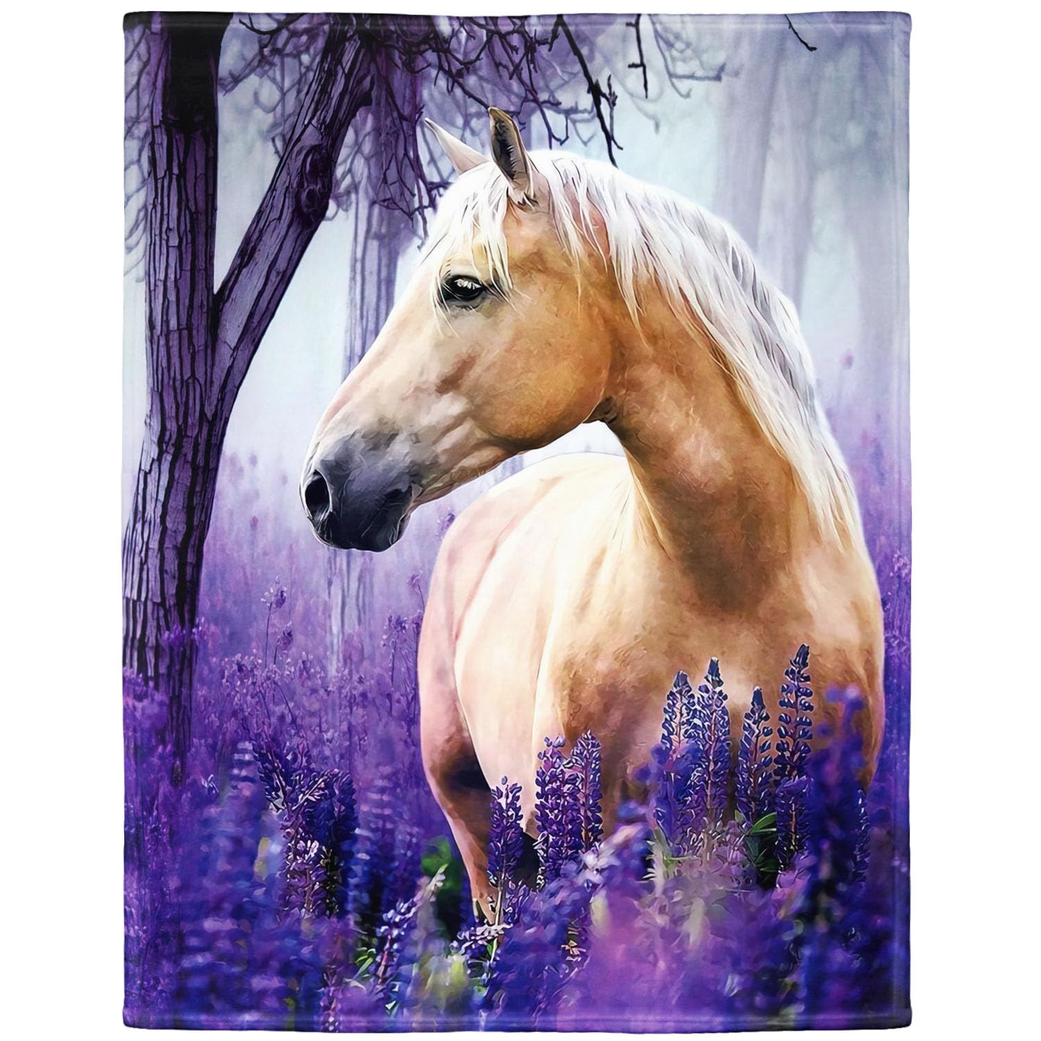 Hommomh 50'X60' Horse Blanket With Purple Lavender, Super Soft Fleece Throw Blankets For Girls