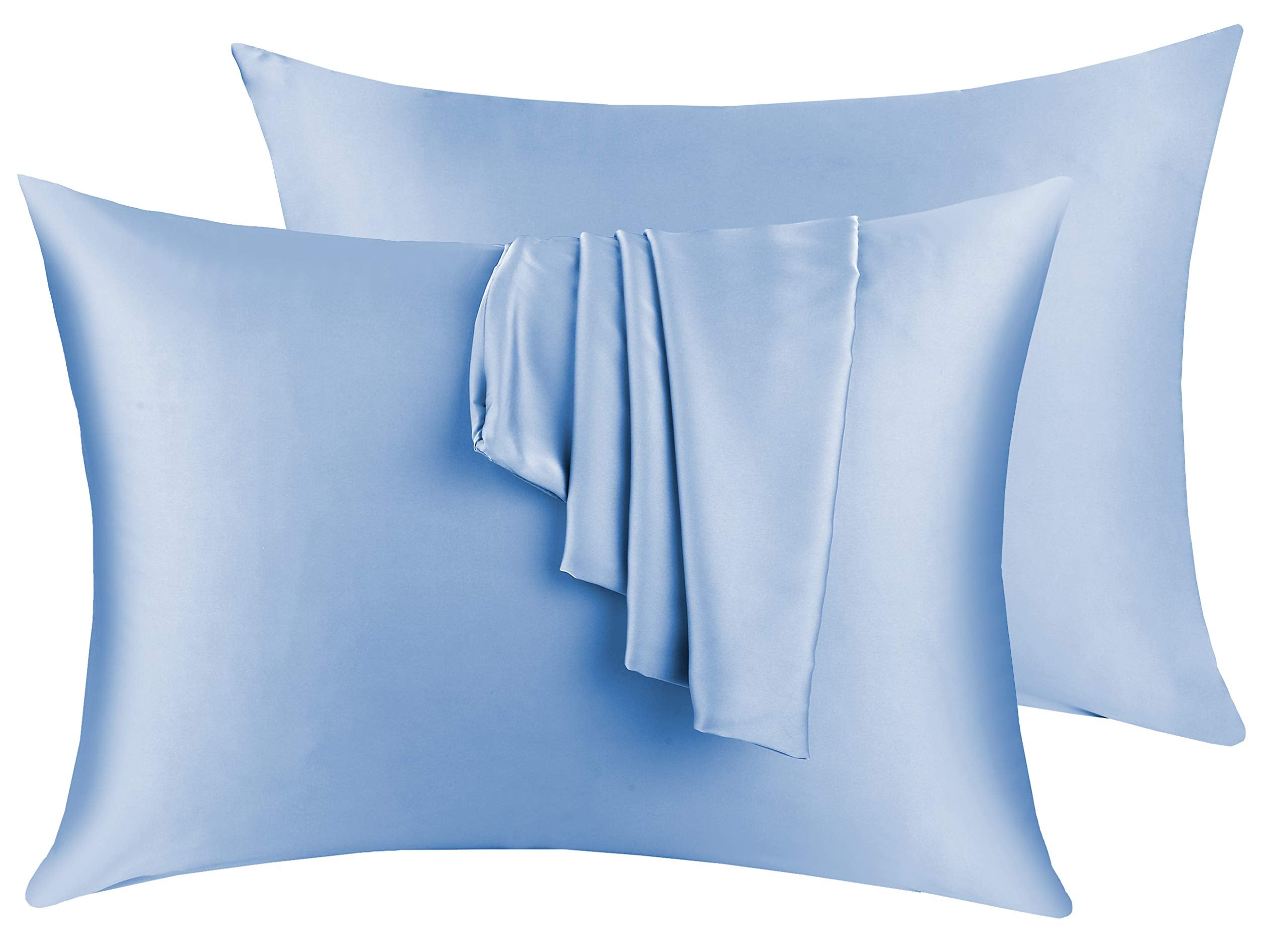 Natural Silk Pillowcase Set Of 2 For Hair &Skin - Both Sides 19 Momme 600 Thread Count With Hidden Zipper (Light Blue, Queen)