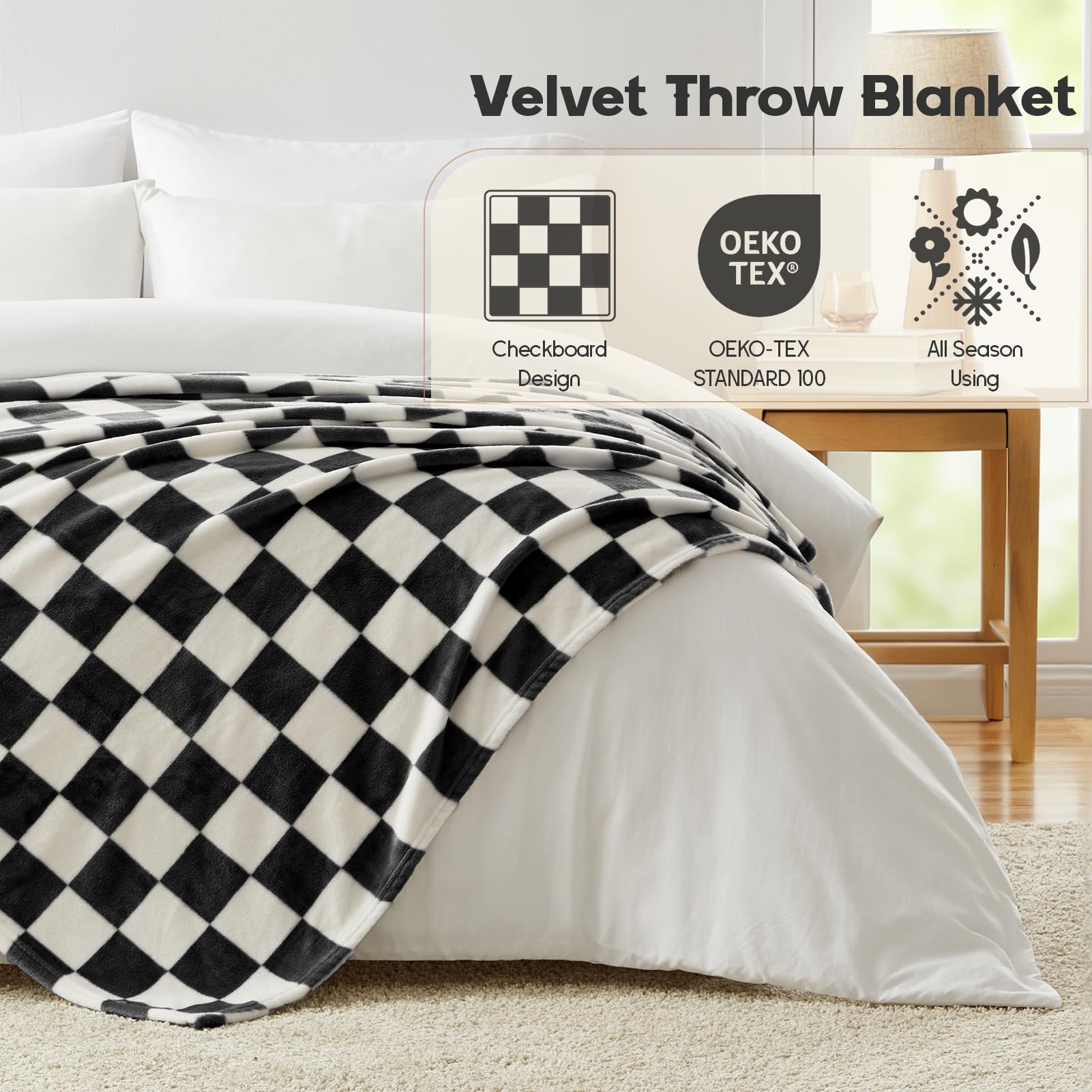 Homelike Moment Checkered Blanket Twin Size, Black Checkerboard Grid Soft Fluffy Fleece Twin Blanket, Fuzzy Cozy Plush Blanket F