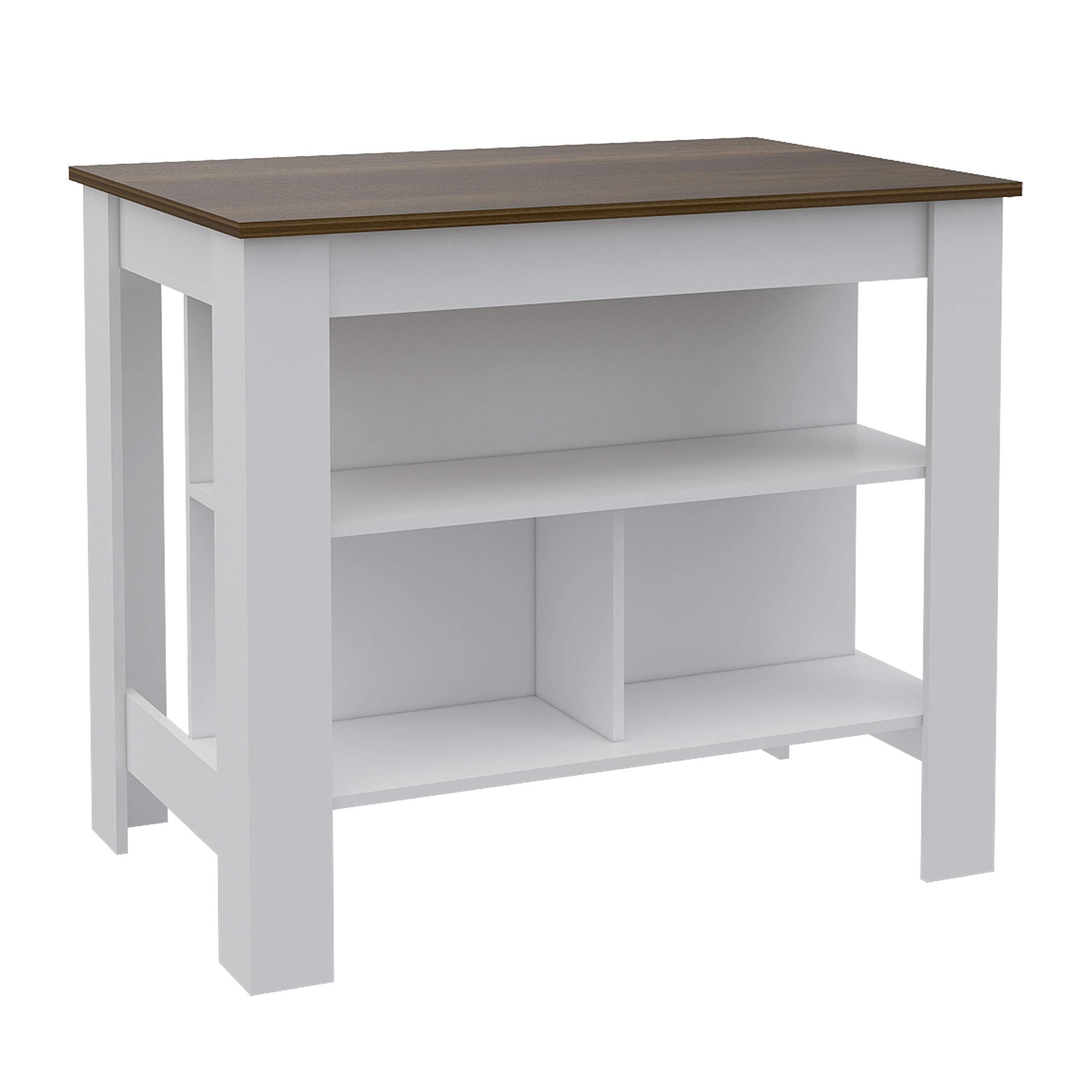 Kitchen Island, Kitchen Table 35&quot; H, 4 Legs, 3 Open Storage Shelves, White/Walnut