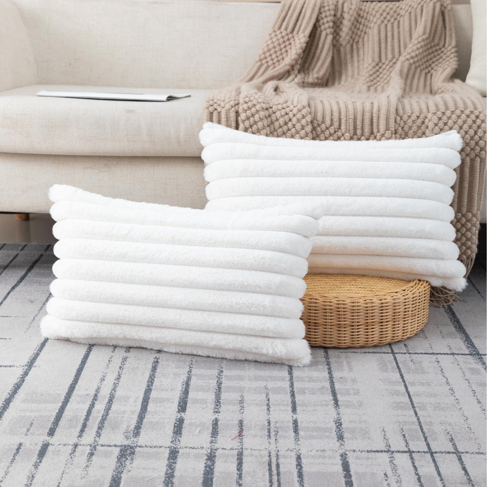 Zlina Set Of 2 Faux Fur Plush Cream White Throw Pillow Covers Fluffy Striped Pillowcase Cushion Covers For Sofa Couch Bedroom 12