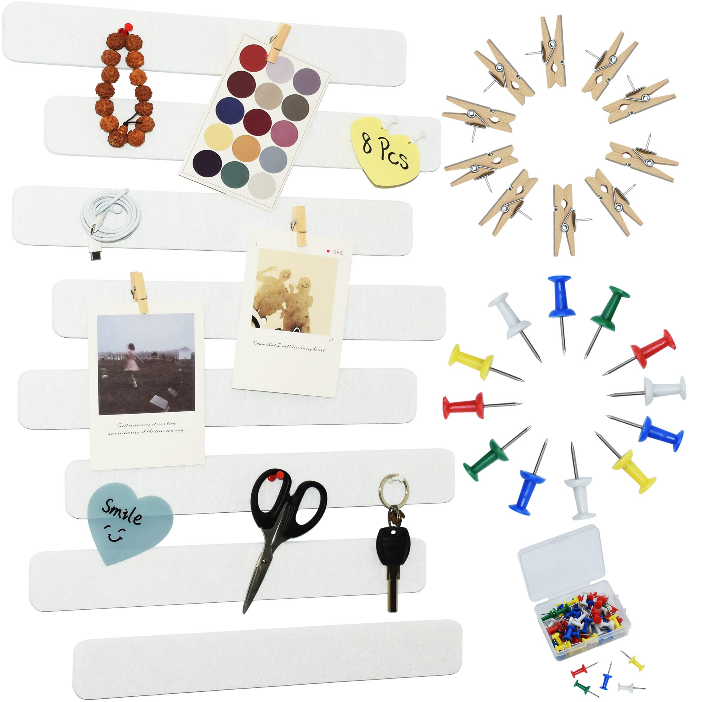 Youdeful 8Pcs Bulletin Board Strips, White Felt Pin Board Bar Strips With 50 Pushpins, Self-Adhesive Felt Cork Board Strips For
