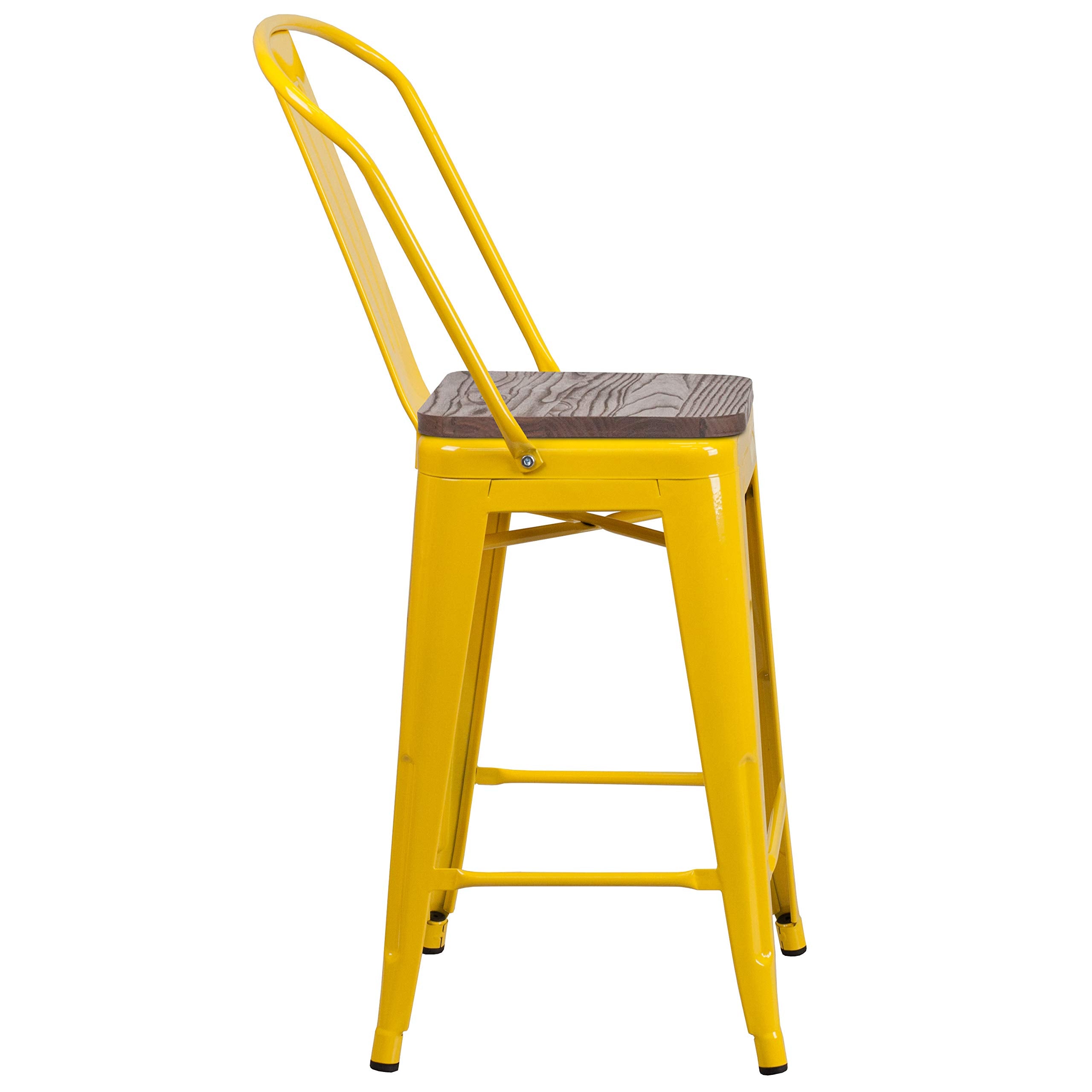 Flash Furniture Lily 24&quot; High Yellow Metal Counter Height Stool With Back And Wood Seat (Pack Of 1)