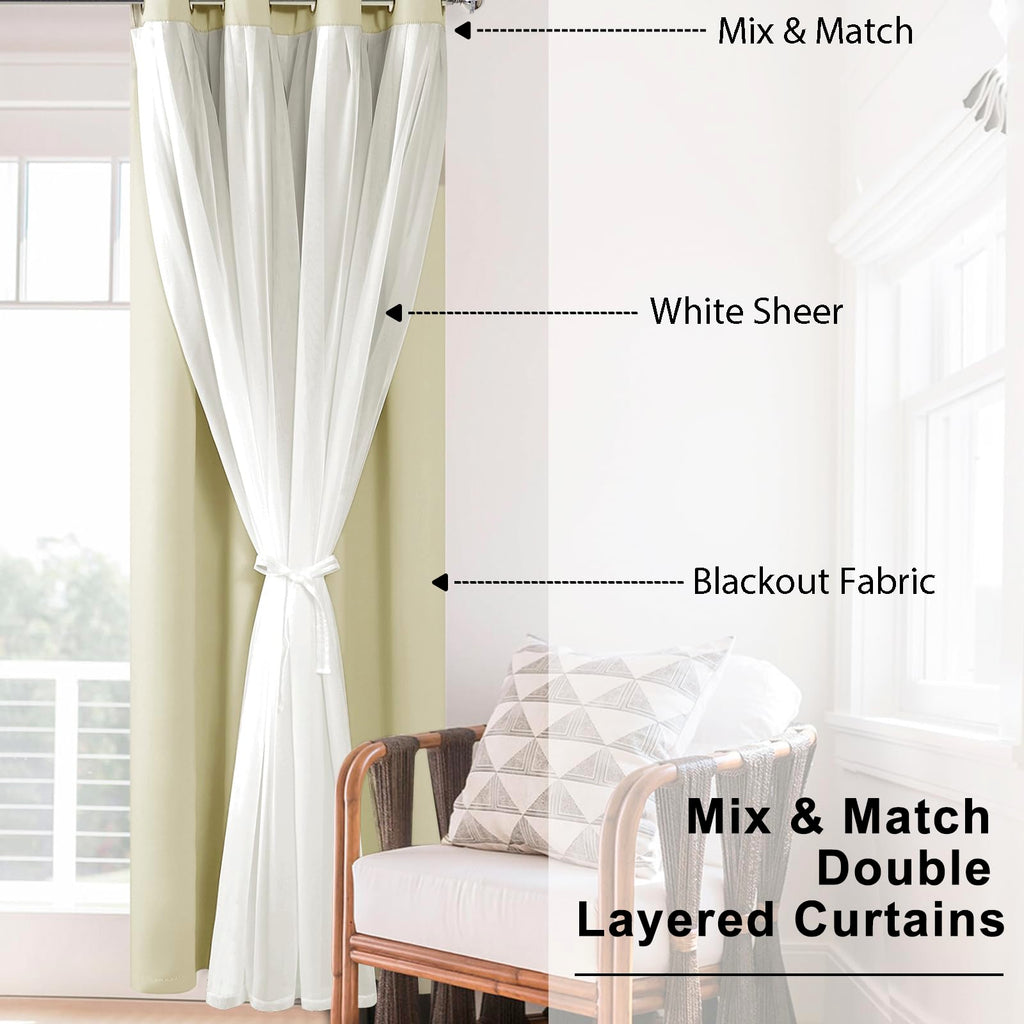 Hiasan Blackout Curtains With Sheer Overlay, Thermal Insulated Privacy Mix And Match Double Layer Window Curtains For Bedroom, L